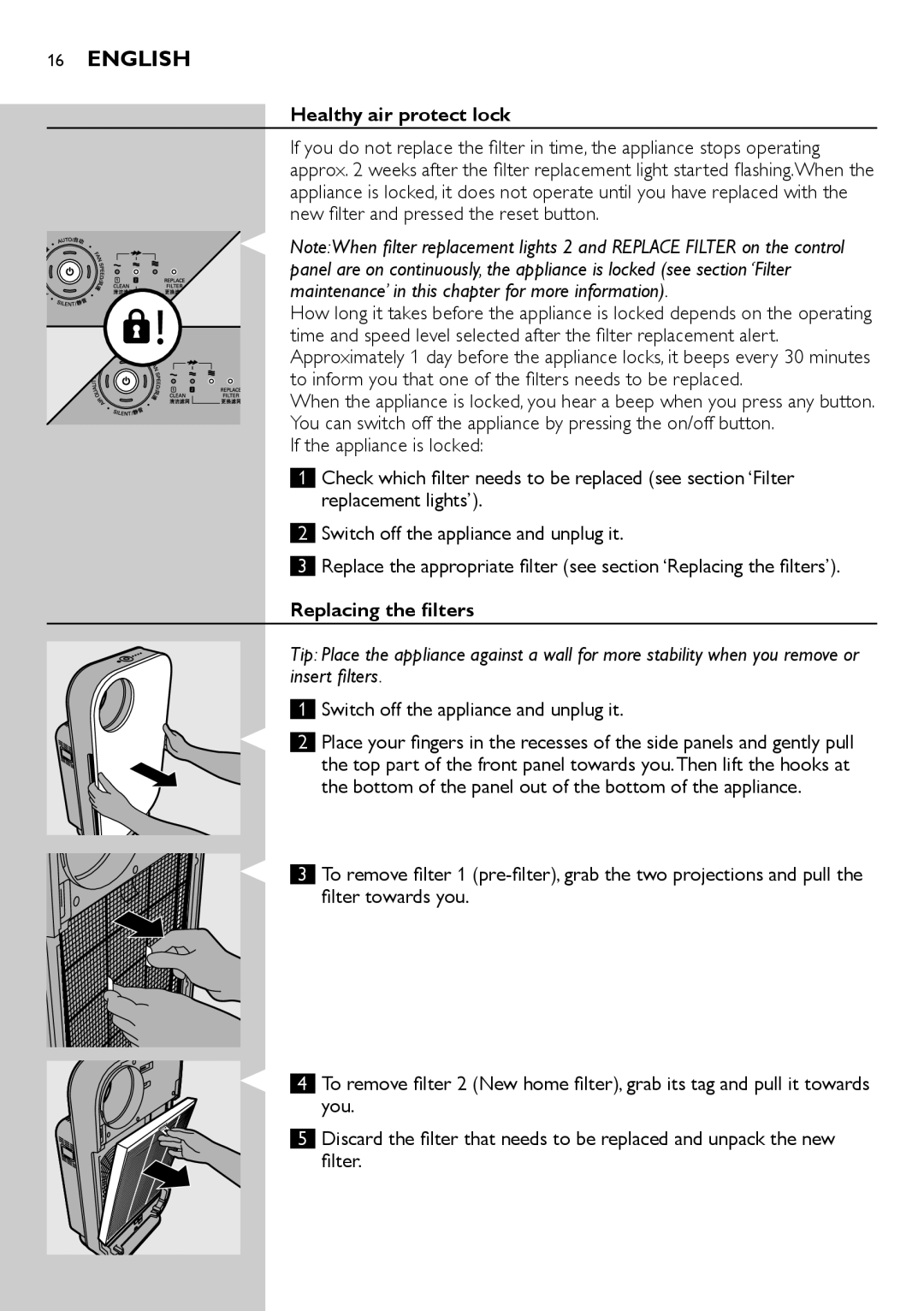 Philips AC4076 user manual 16English, Healthy air protect lock, Replacing the filters 