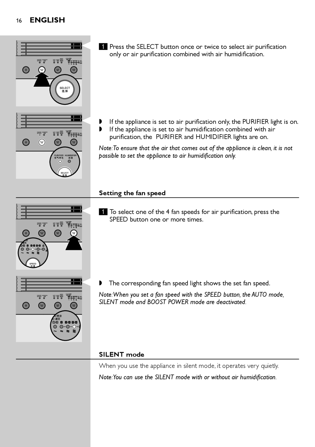 Philips AC4083 manual Setting the fan speed, Silent mode 