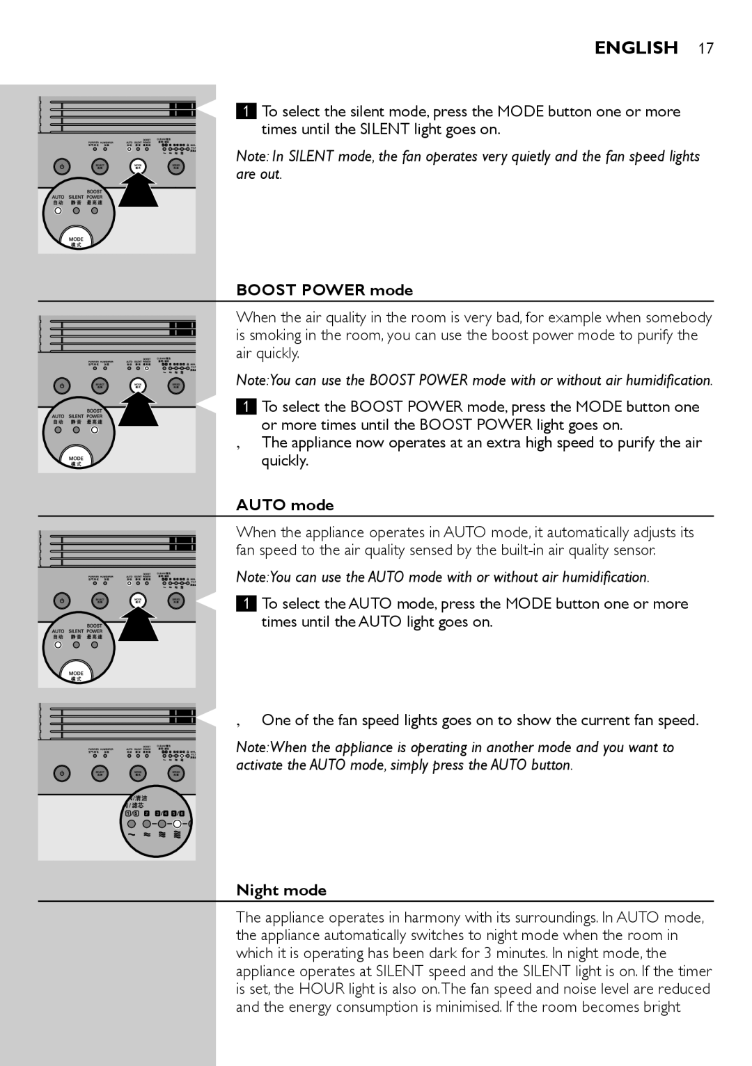 Philips AC4083 manual Boost Power mode, Auto mode, Night mode 