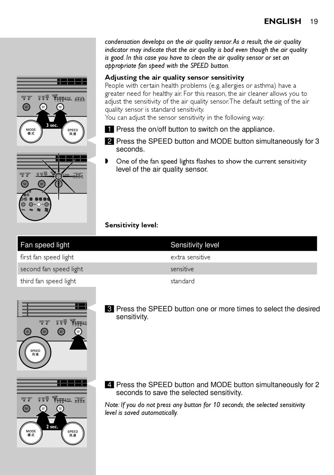 Philips AC4083 manual Adjusting the air quality sensor sensitivity, Sensitivity level 