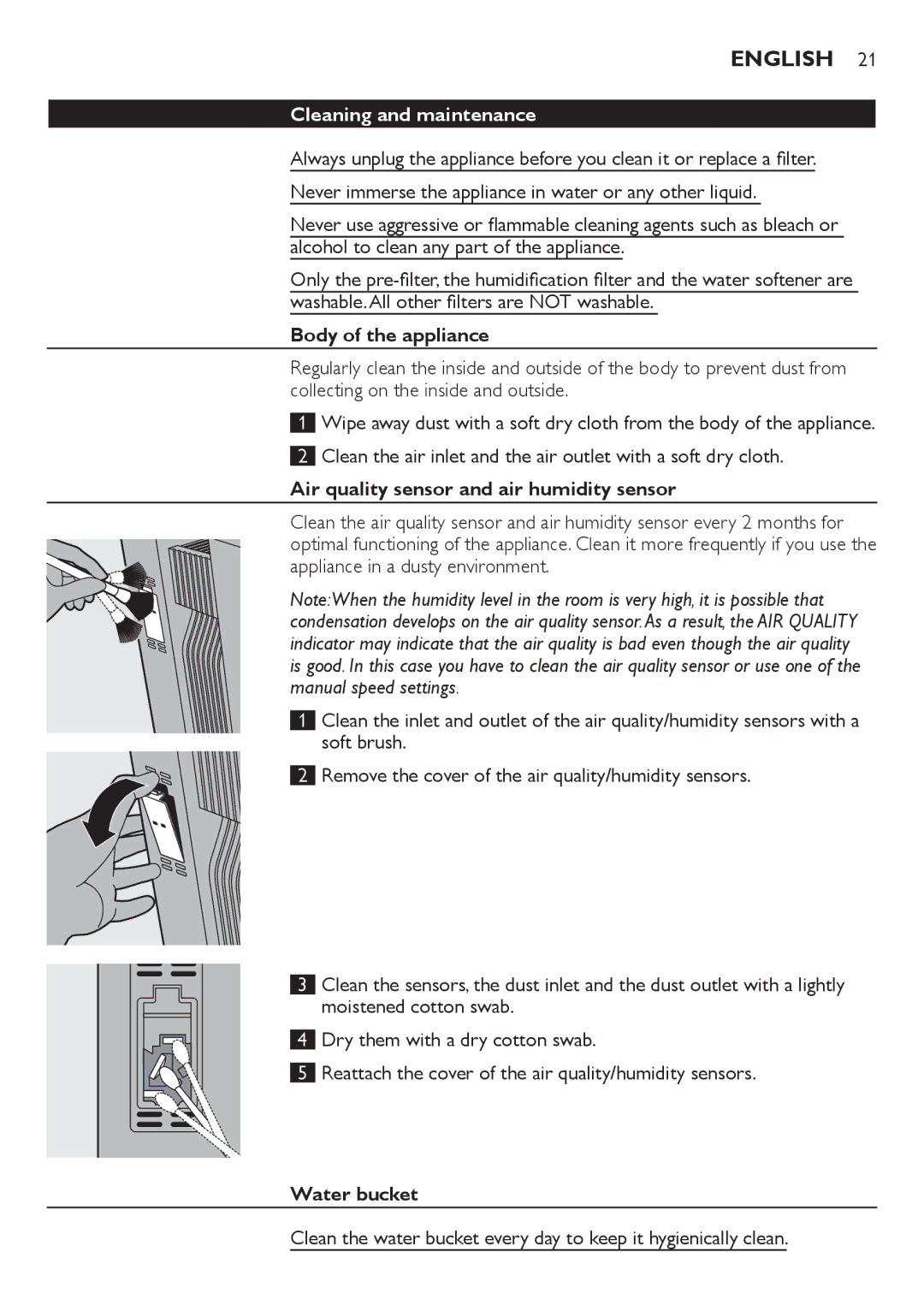 Philips AC4083 Cleaning and maintenance, Body of the appliance, Air quality sensor and air humidity sensor, Water bucket 