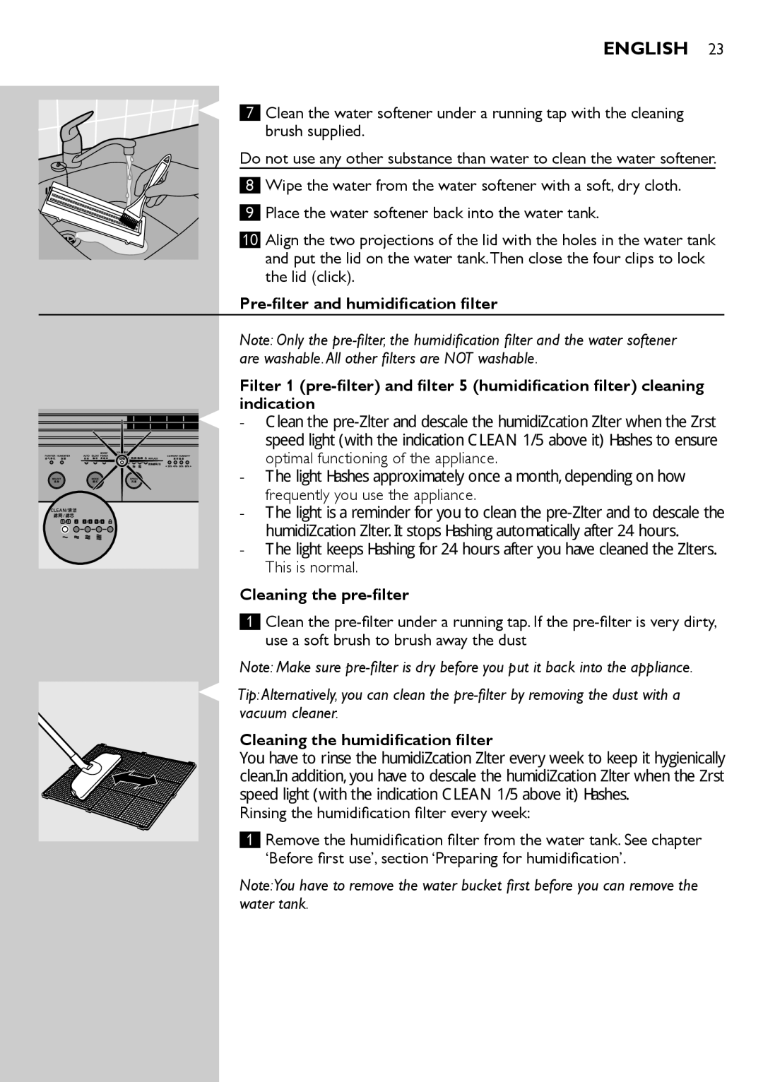 Philips AC4083 manual Cleaning the pre-filter, Cleaning the humidification filter 