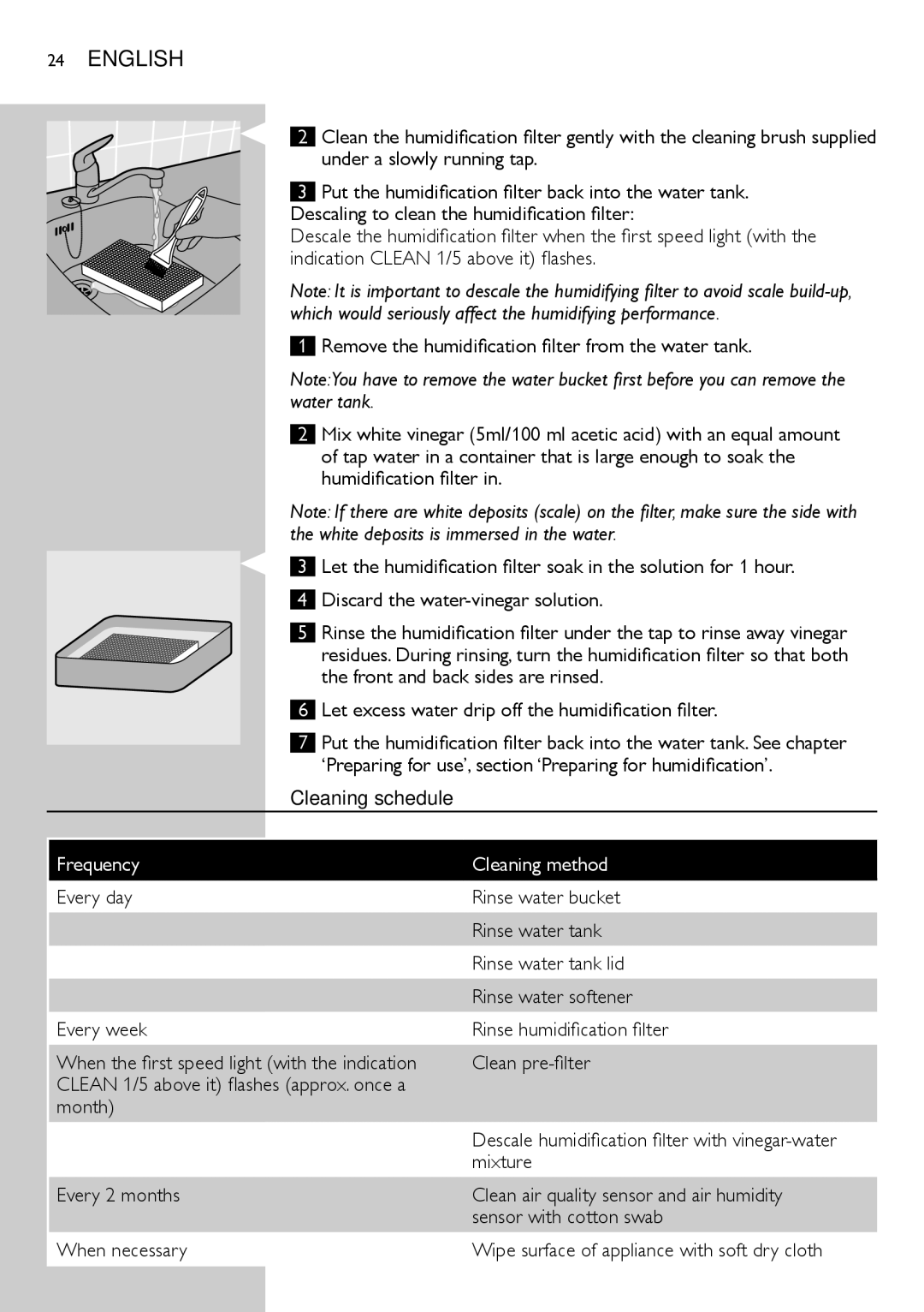 Philips AC4083 manual Let excess water drip off the humidification filter, Cleaning schedule 