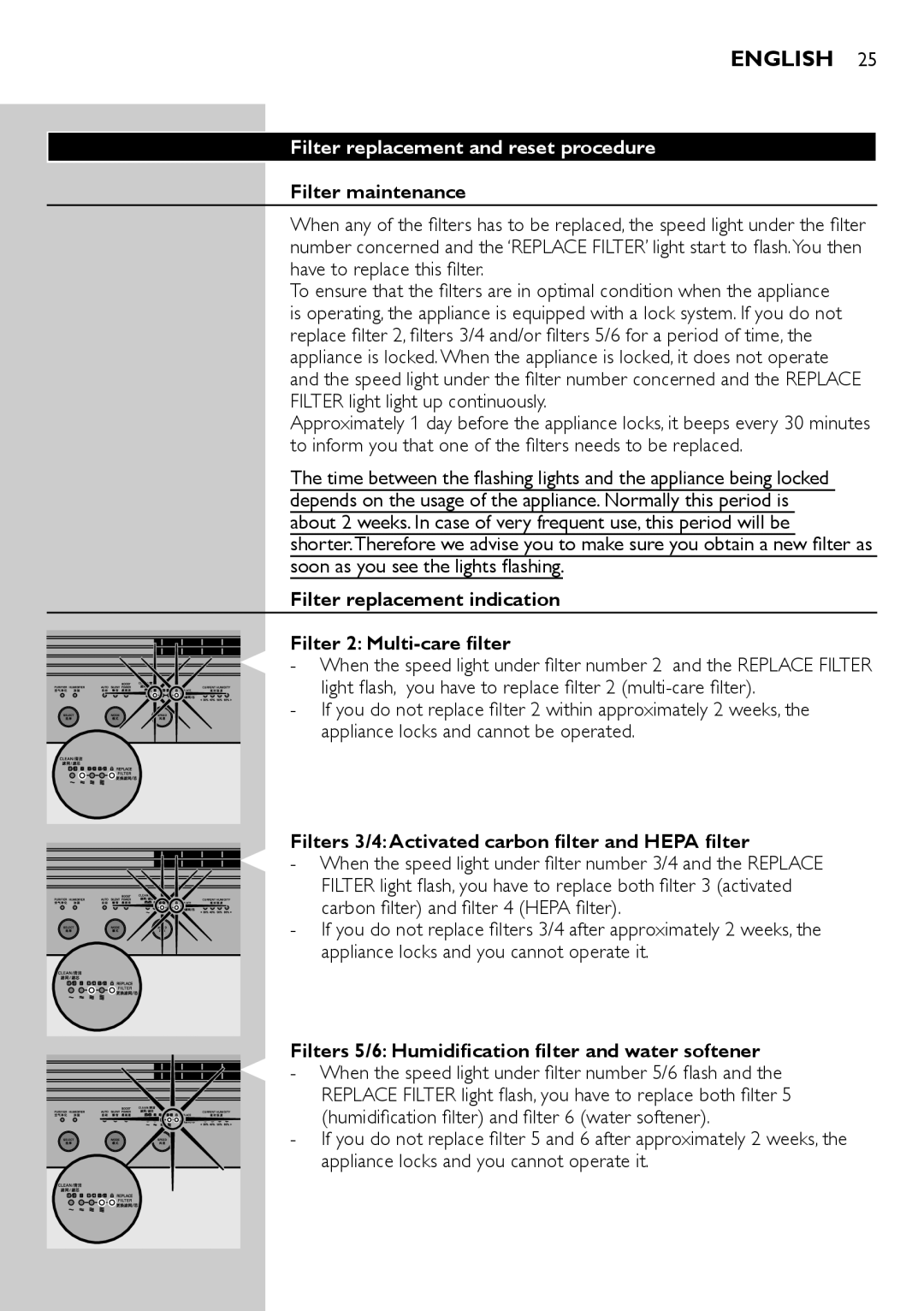 Philips AC4083 manual Filter replacement and reset procedure, Filter maintenance 