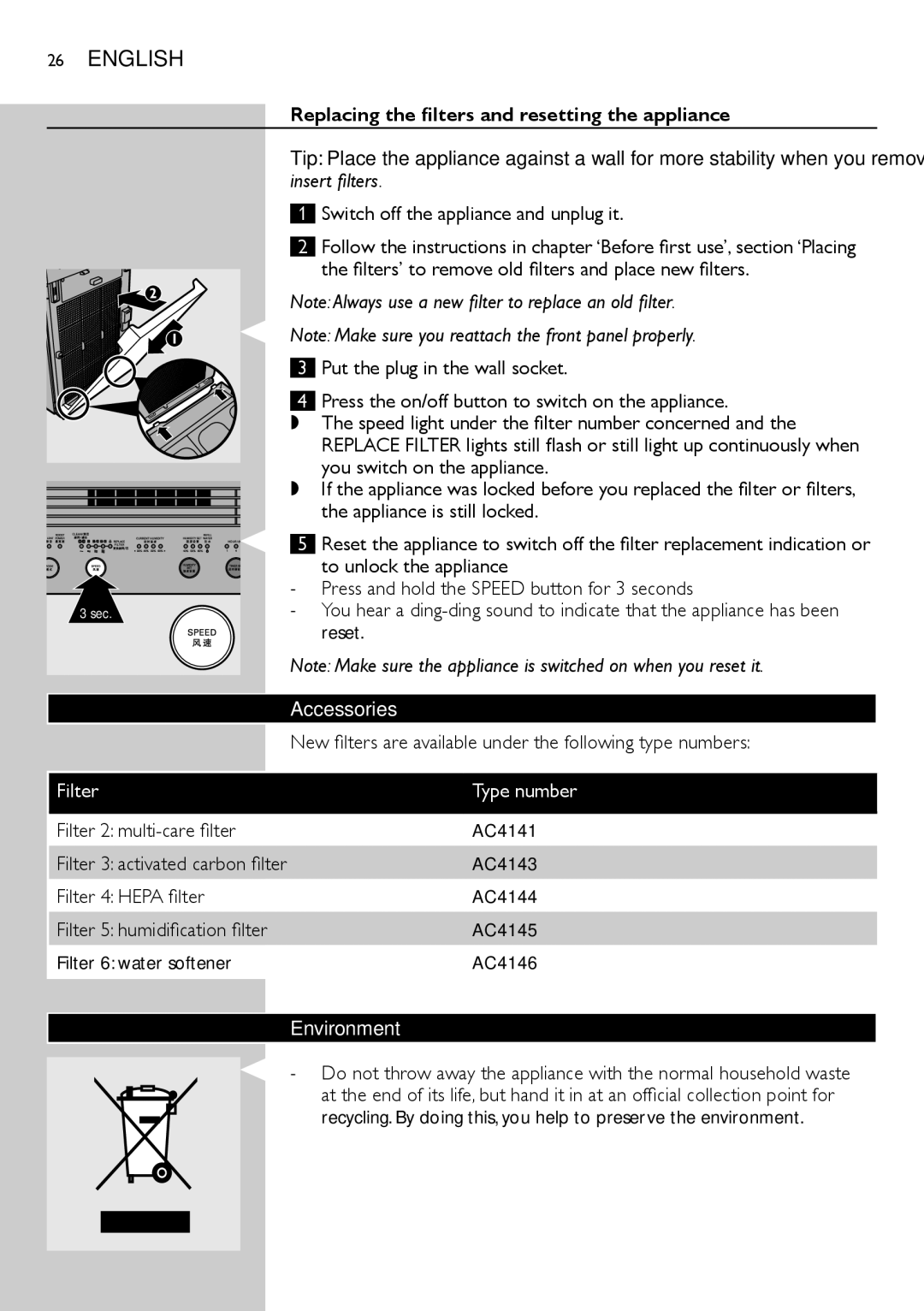 Philips AC4083 manual Replacing the filters and resetting the appliance, Accessories, Environment 