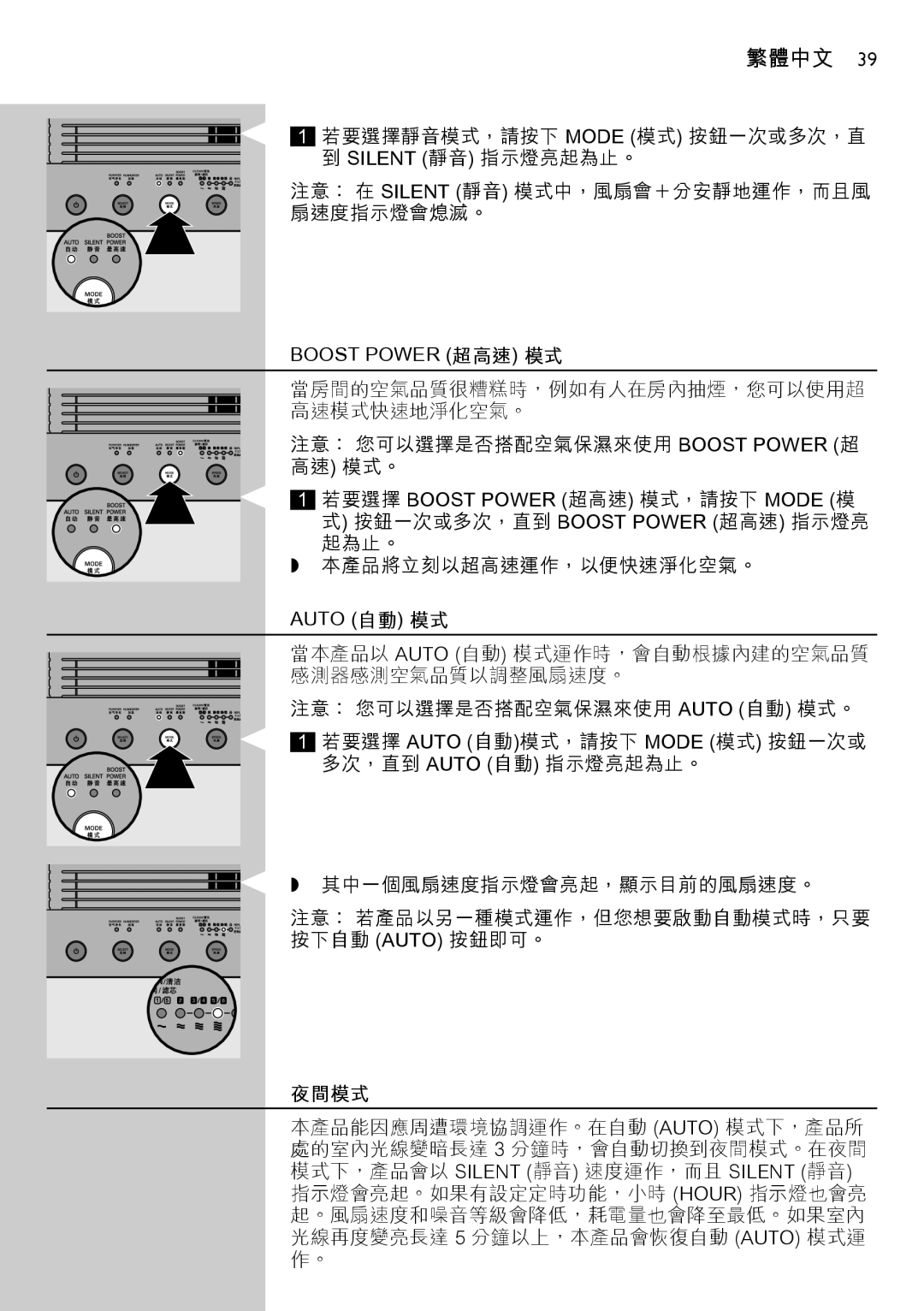 Philips AC4083 manual Boost Power 超高速 模式, Auto 自動 模式, 夜間模式 