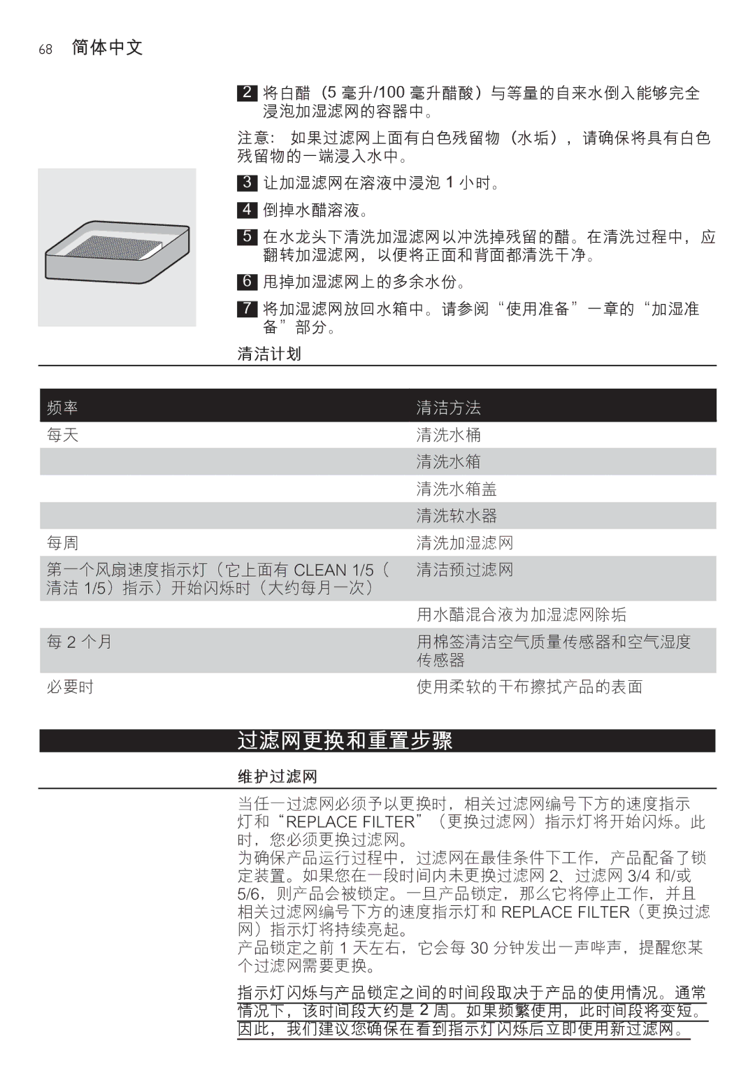 Philips AC4083 manual 68 简体中文, 清洁计划, 清洁方法, 维护过滤网 