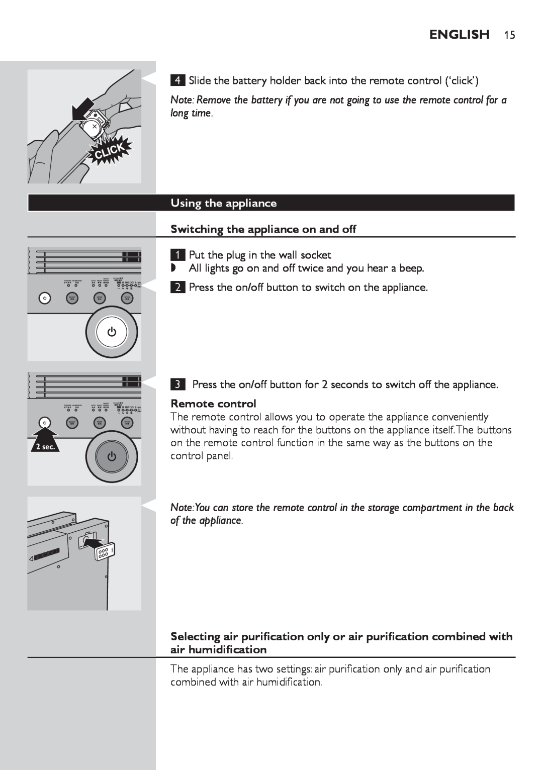 Philips AC4083 manual Using the appliance, Switching the appliance on and off, Remote control, English 