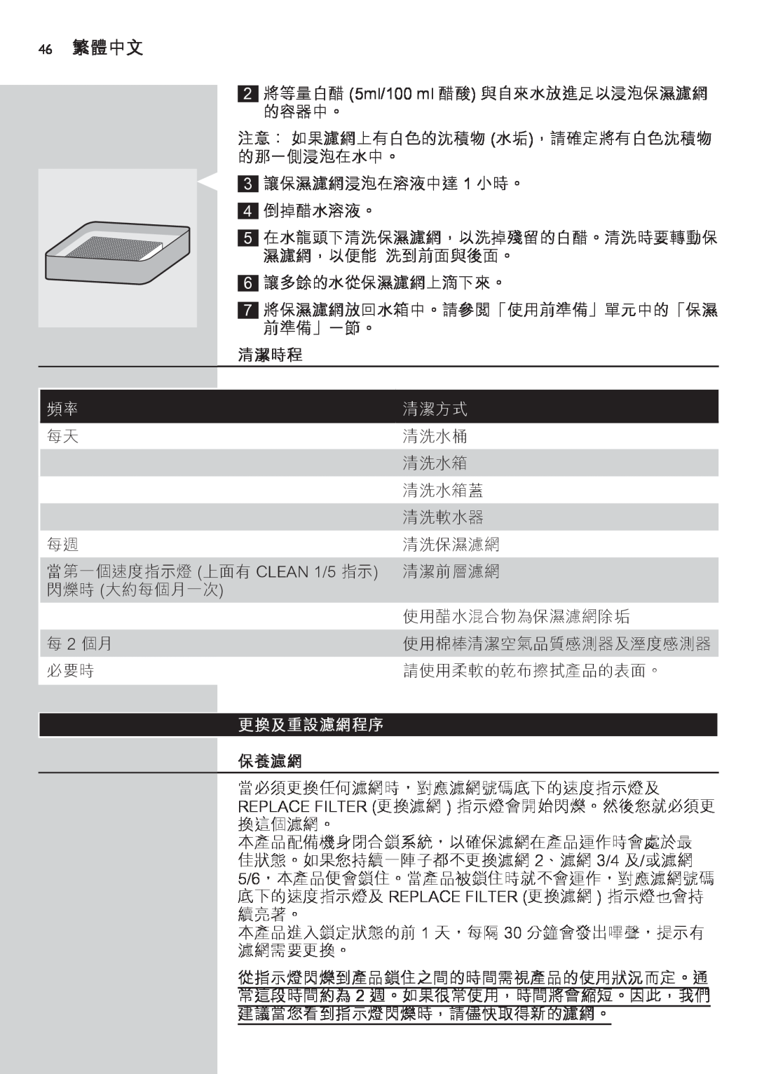 Philips AC4083 manual 46繁體中文, 清潔時程, 清潔方式, 更換及重設濾網程序, 保養濾網 
