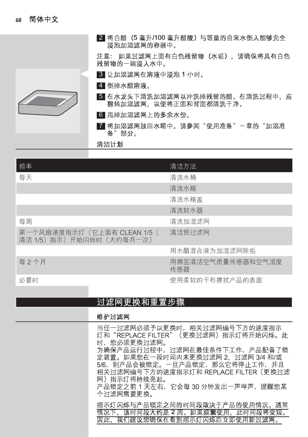 Philips AC4083 manual 过滤网更换和重置步骤, 68简体中文, 清洁计划, 清洁方法, 维护过滤网 