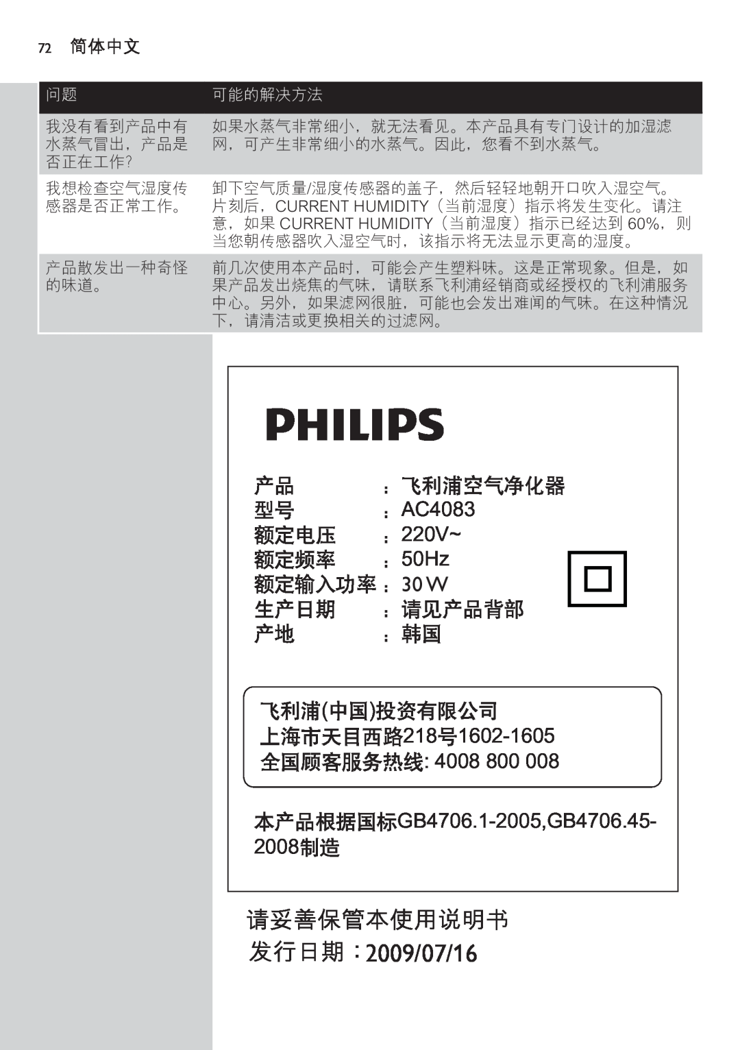 Philips 72简体中文, 问题可能的解决方法, 2009/07/16, AC4083 220V~ 50Hz 30 W, 218 1602-1605 :4008 800 GB4706.1-2005,GB4706.45, 2008 