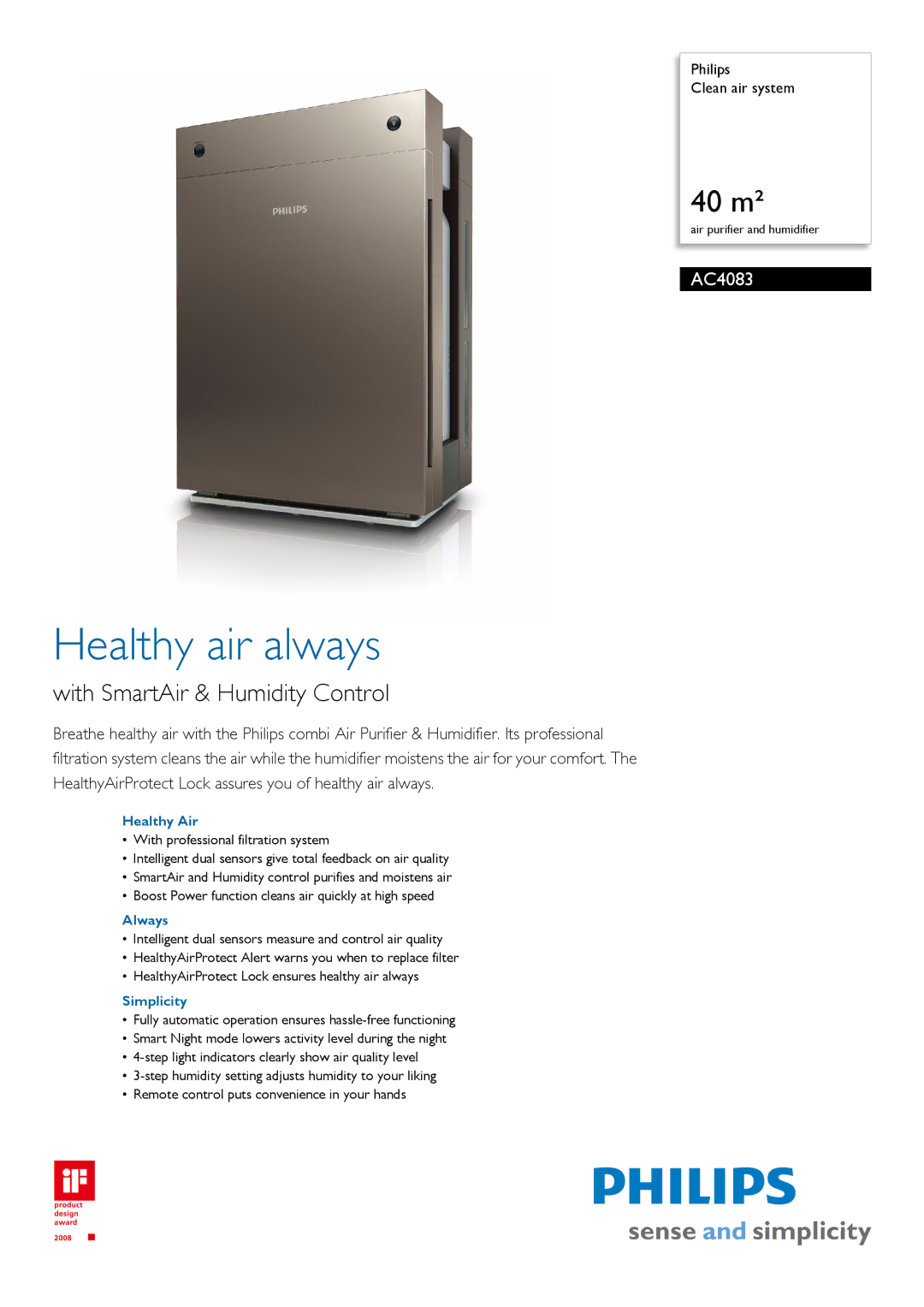 Philips AC4083/00 manual Healthy Air, Always, Simplicity 