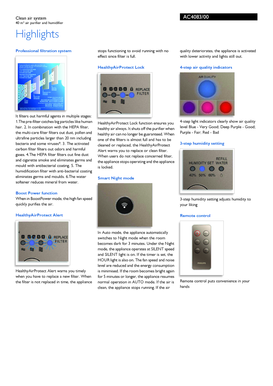 Philips AC4083/00 manual Highlights 