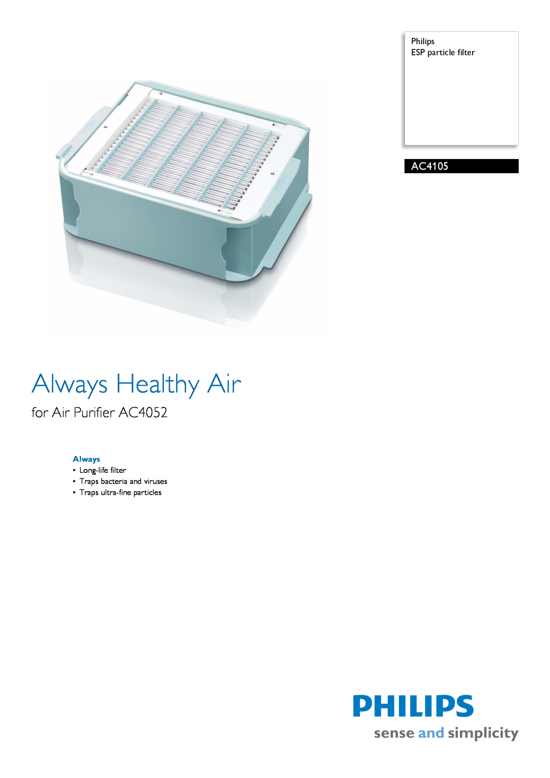 Philips AC4105/00 manual Philips ESP particle filter, Always Healthy Air, for Air Purifier AC4052 