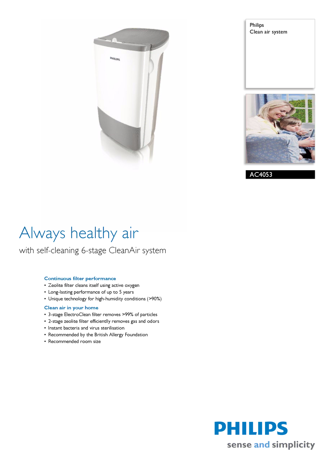 Philips AC4053, AC4107 manual Continuous filter performance, Clean air in your home 