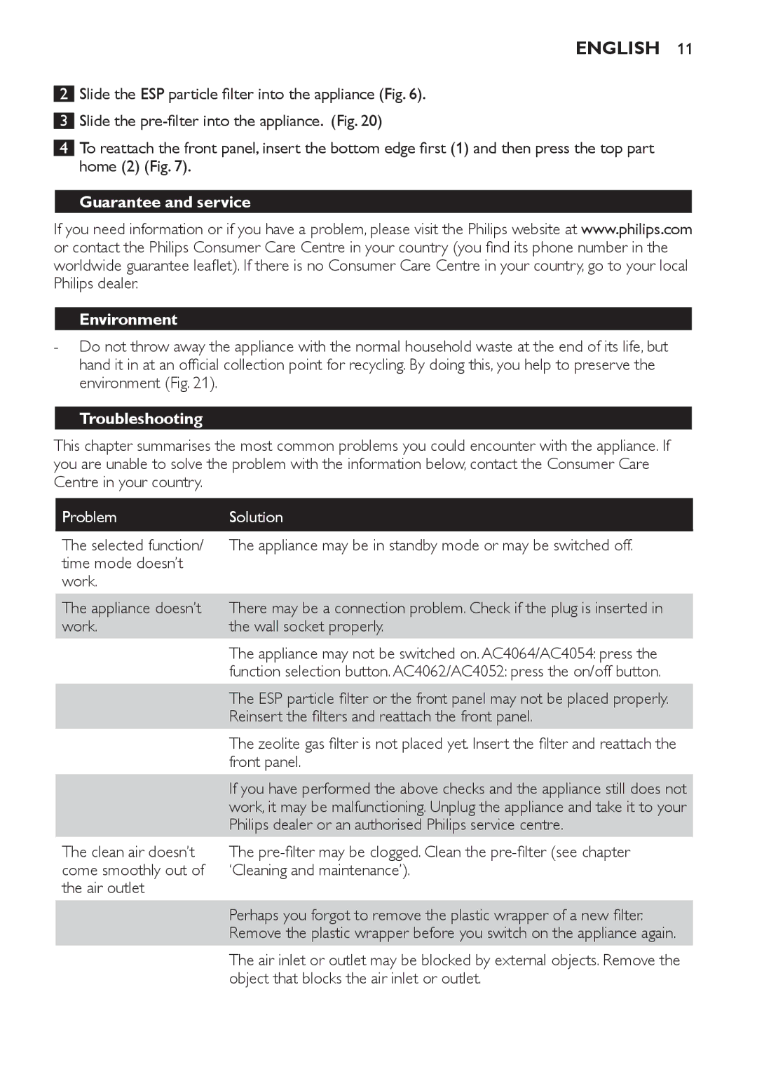 Philips AC4108, AC4118 manual Guarantee and service Environment, Troubleshooting 