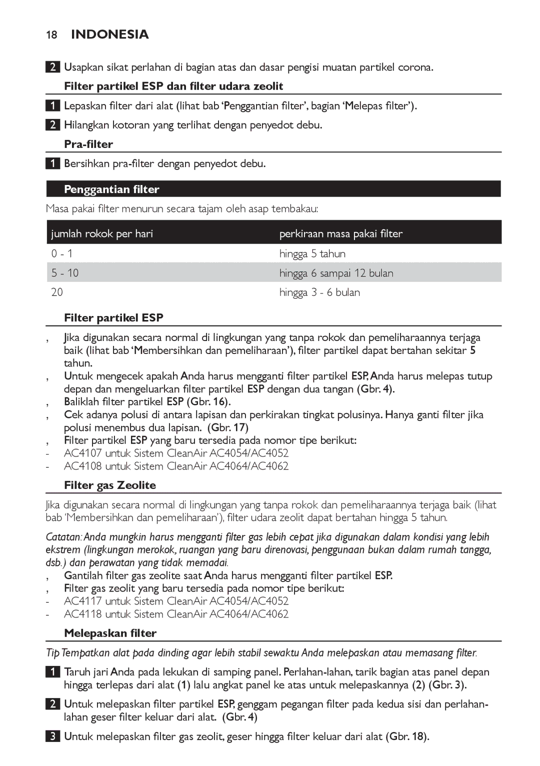 Philips AC4118, AC4108 manual Penggantian filter 