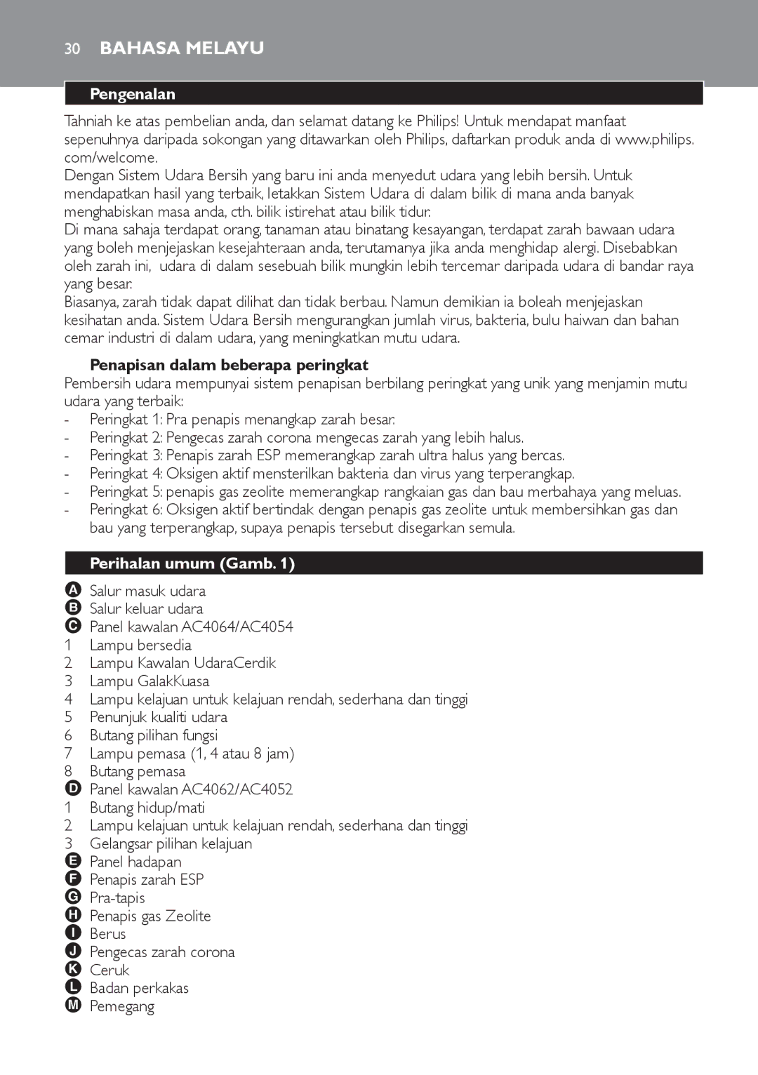 Philips AC4118, AC4108 manual Pengenalan, Penapisan dalam beberapa peringkat, Perihalan umum Gamb 