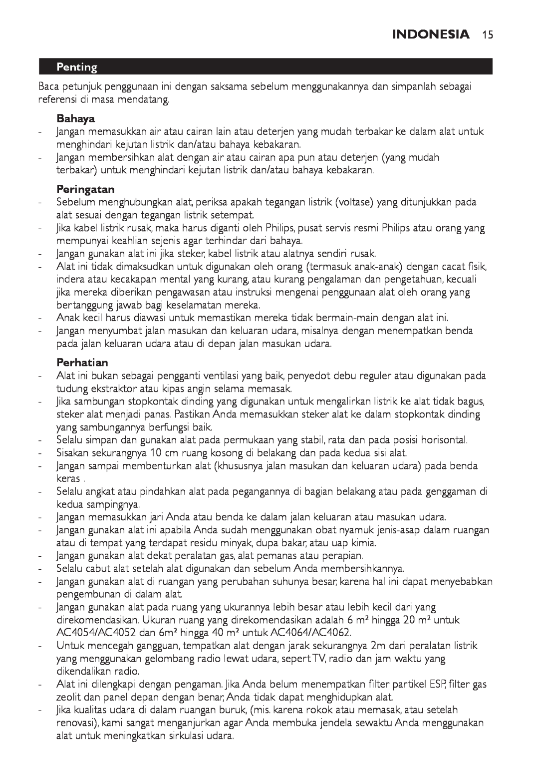 Philips AC4108, AC4118 manual Indonesia, Penting, Bahaya, Peringatan, Perhatian 