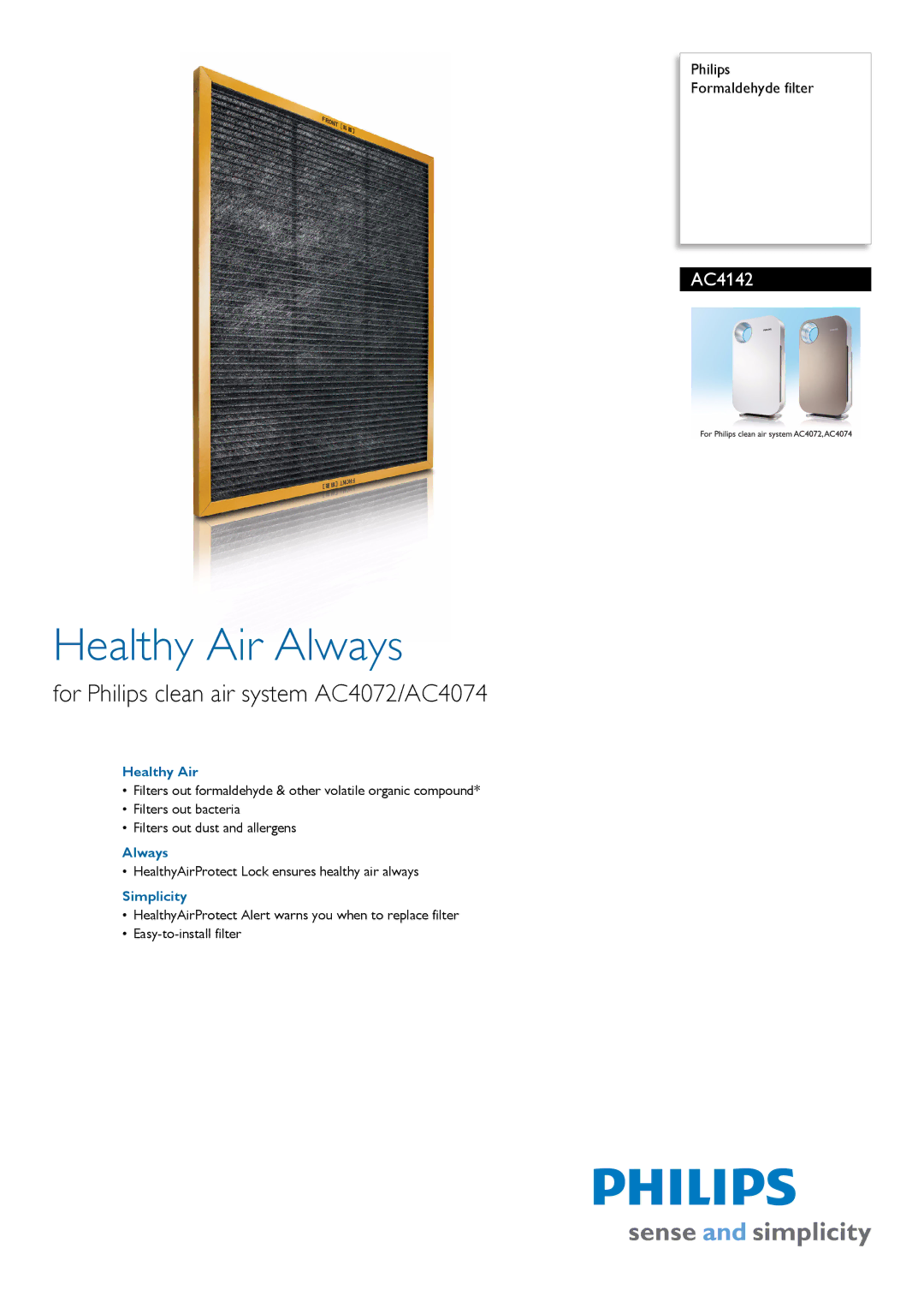 Philips AC4142 manual Healthy Air Always, For Philips clean air system AC4072/AC4074, Simplicity 