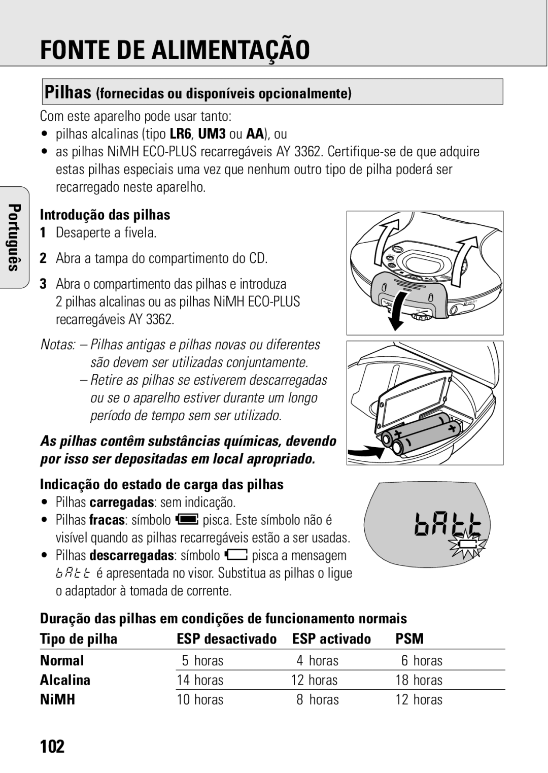 Philips ACT 7583 manual Fonte DE Alimentação, 102, Pilhas fornecidas ou disponíveis opcionalmente, Introdução das pilhas 