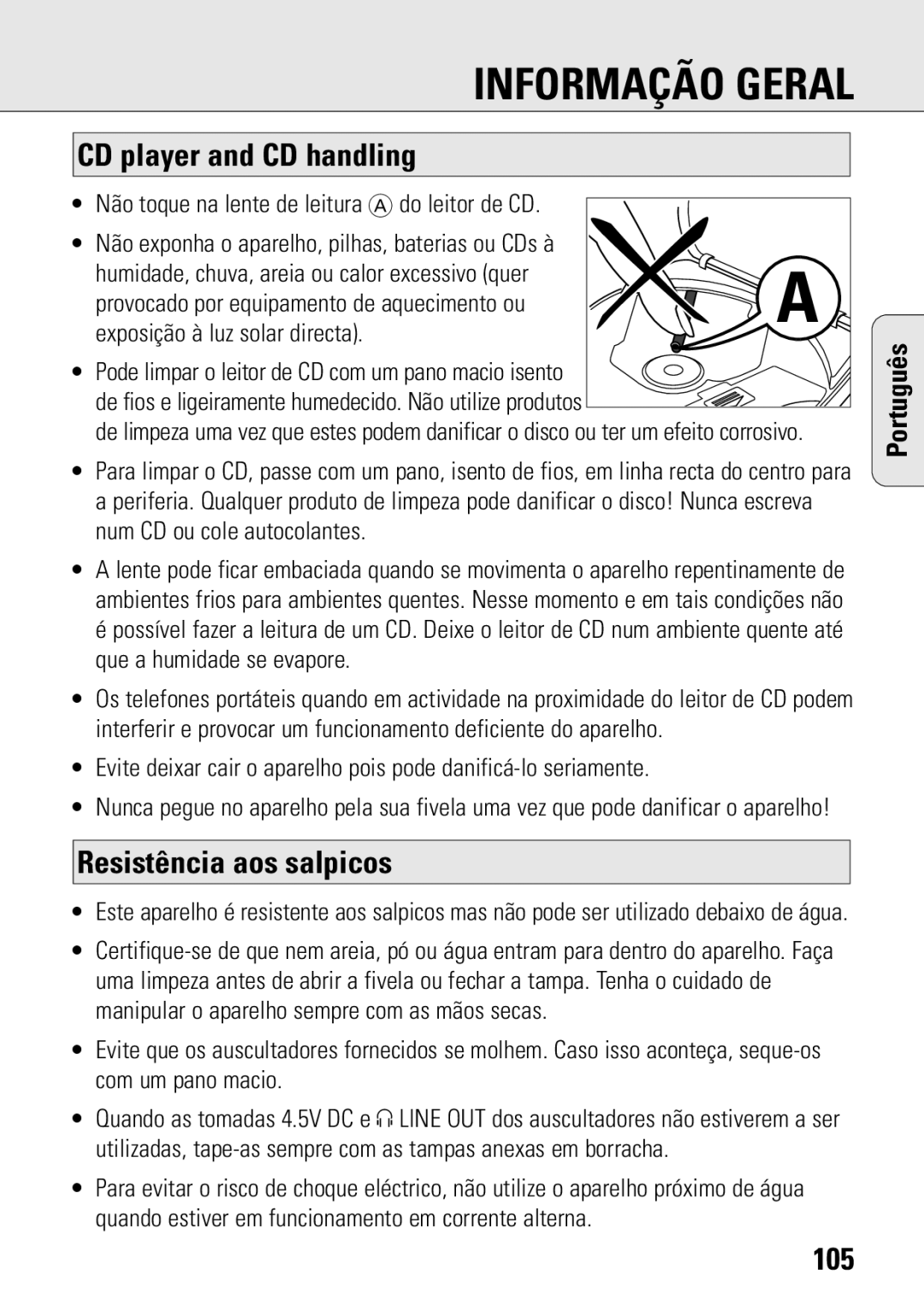 Philips ACT 7583 manual Informação Geral, CD player and CD handling, Resistência aos salpicos, 105 