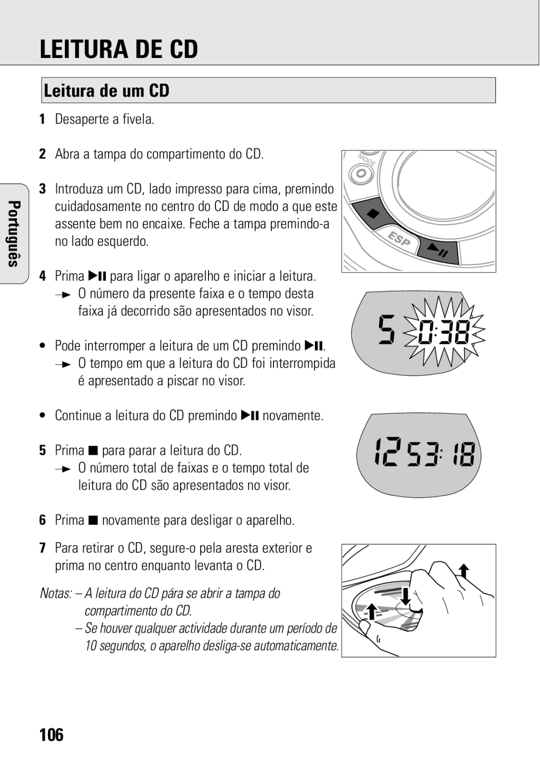 Philips ACT 7583 Leitura DE CD, Leitura de um CD, 106, Apresentado a piscar no visor, Prima 9 para parar a leitura do CD 