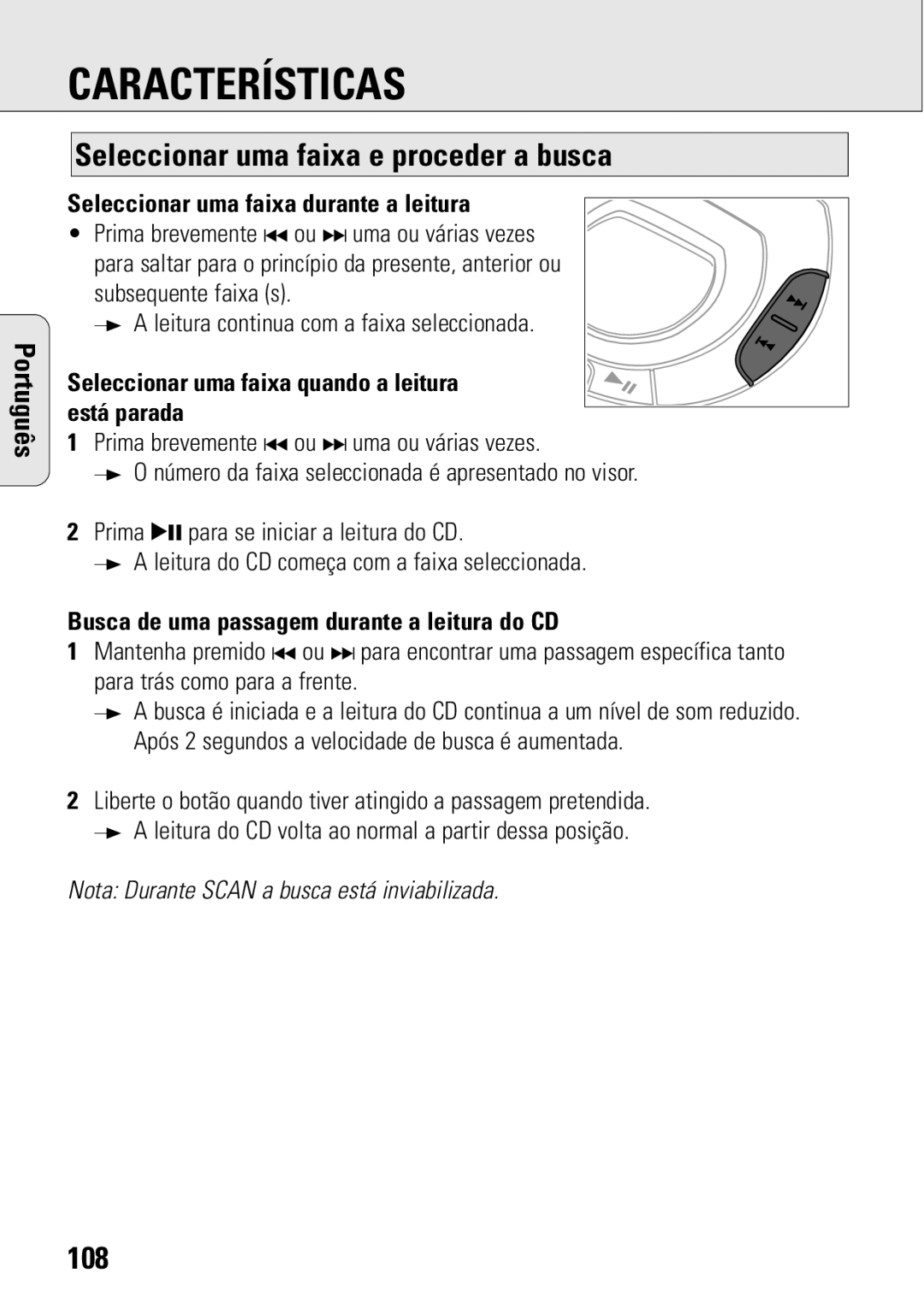 Philips ACT 7583 manual Características, Seleccionar uma faixa e proceder a busca, 108 