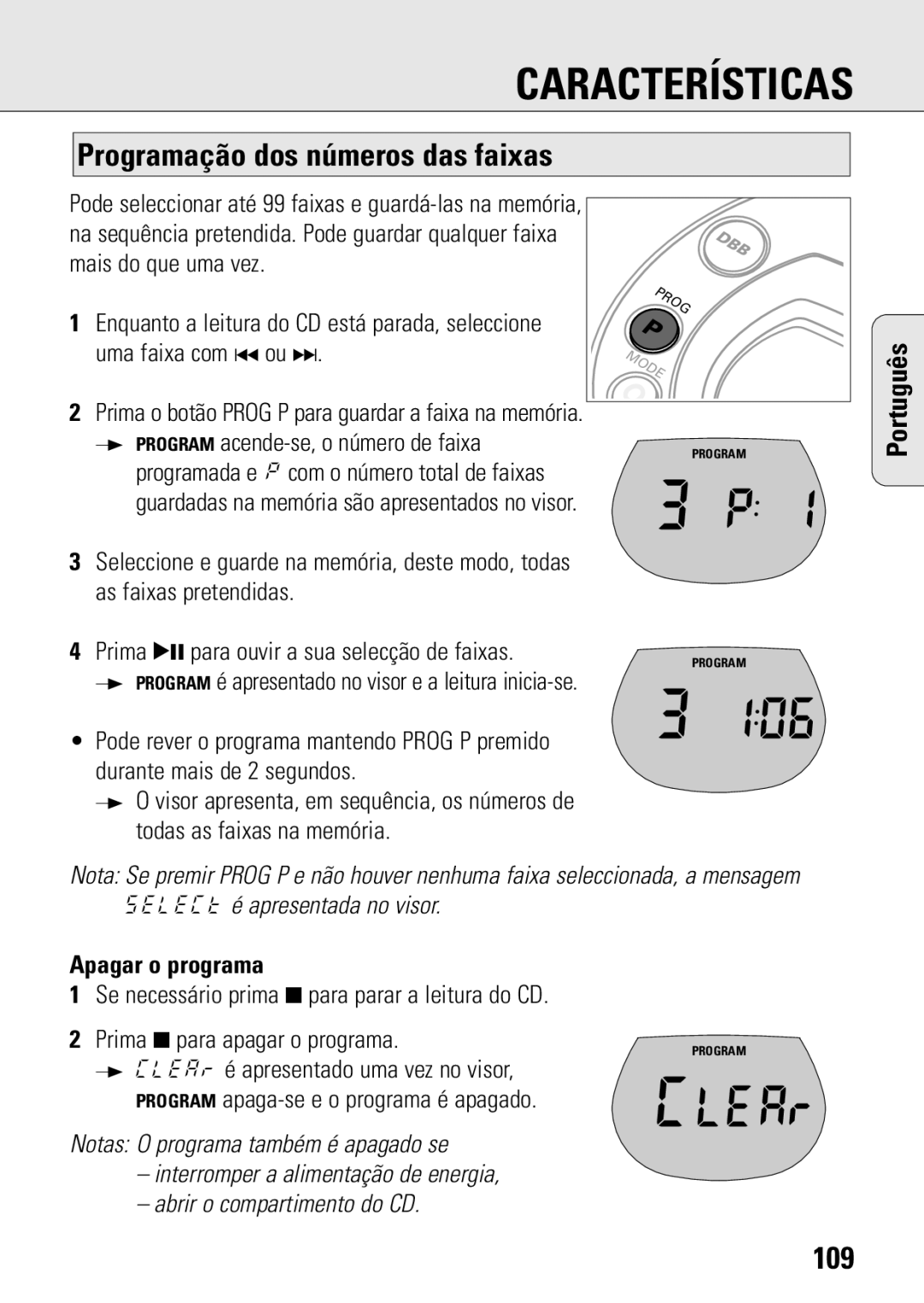 Philips ACT 7583 manual Características, Programação dos números das faixas, 109, Apagar o programa 