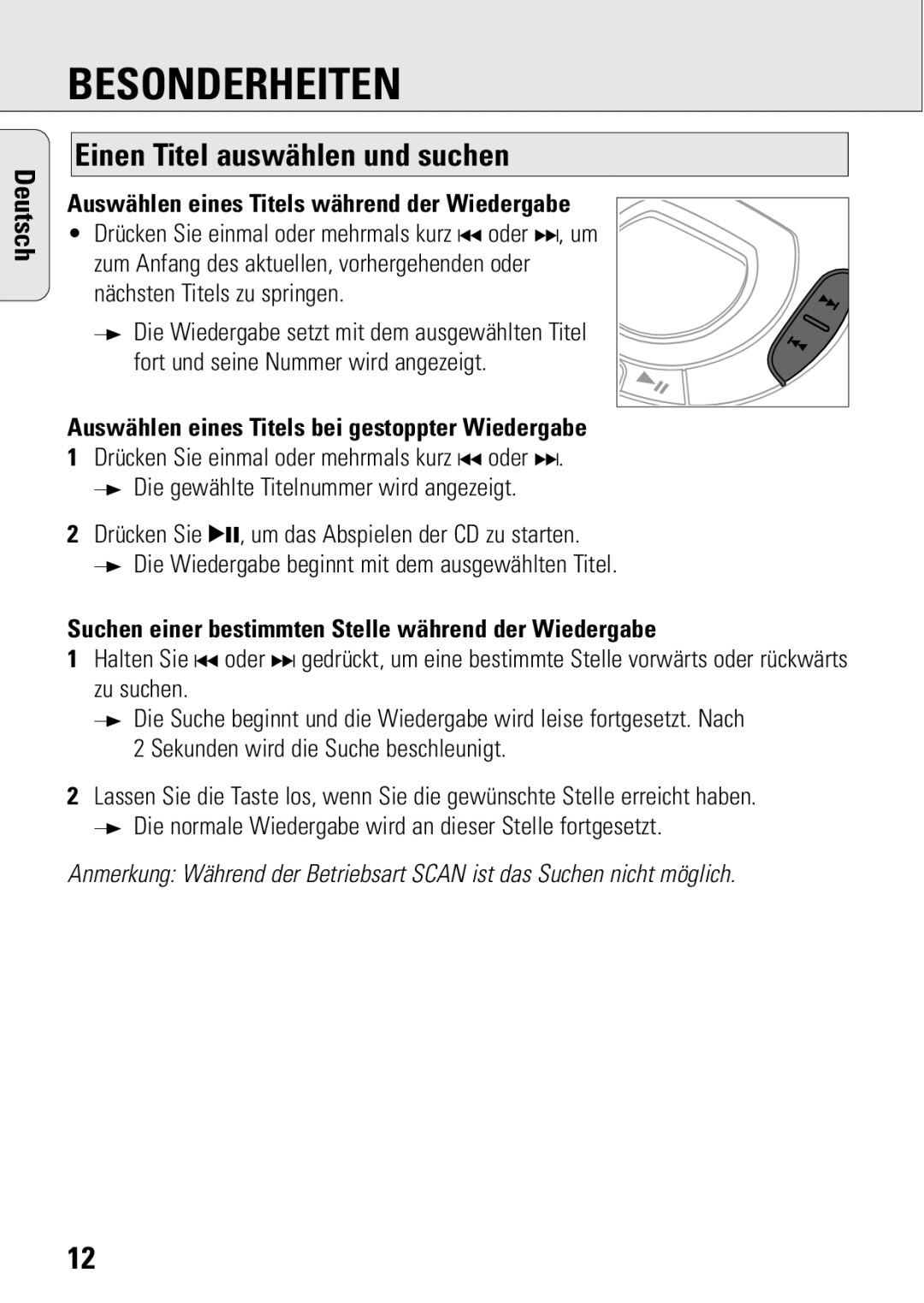 Philips ACT 7583 manual Besonderheiten, Einen Titel auswählen und suchen, Auswählen eines Titels während der Wiedergabe 