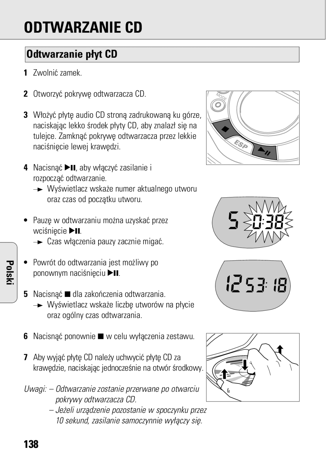 Philips ACT 7583 manual Odtwarzanie CD, Odtwarzanie p¬yt CD, 138, Nacisnåæ 9 dla zakoñczenia odtwarzania 