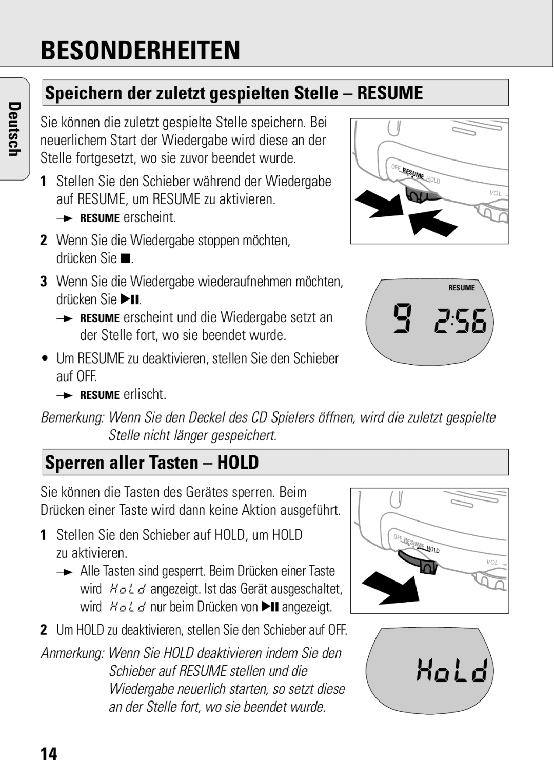 Philips ACT 7583 manual Speichern der zuletzt gespielten Stelle Resume, Sperren aller Tasten Hold 