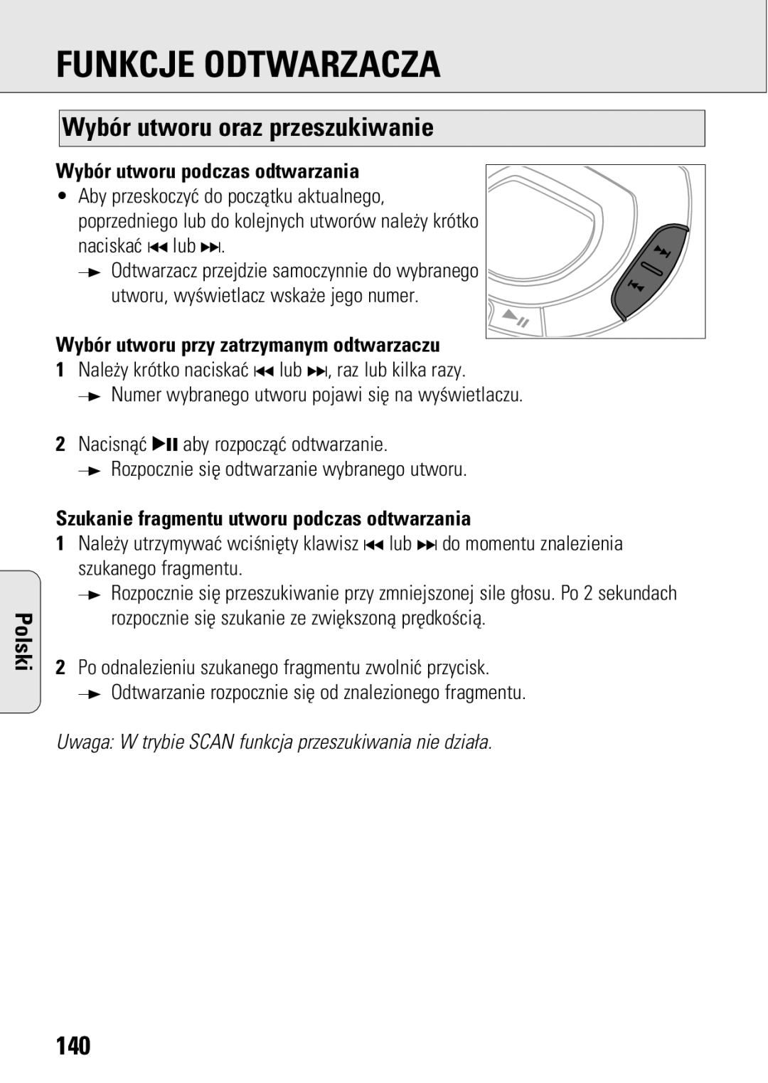 Philips ACT 7583 manual Funkcje Odtwarzacza, Wybór utworu oraz przeszukiwanie, 140 