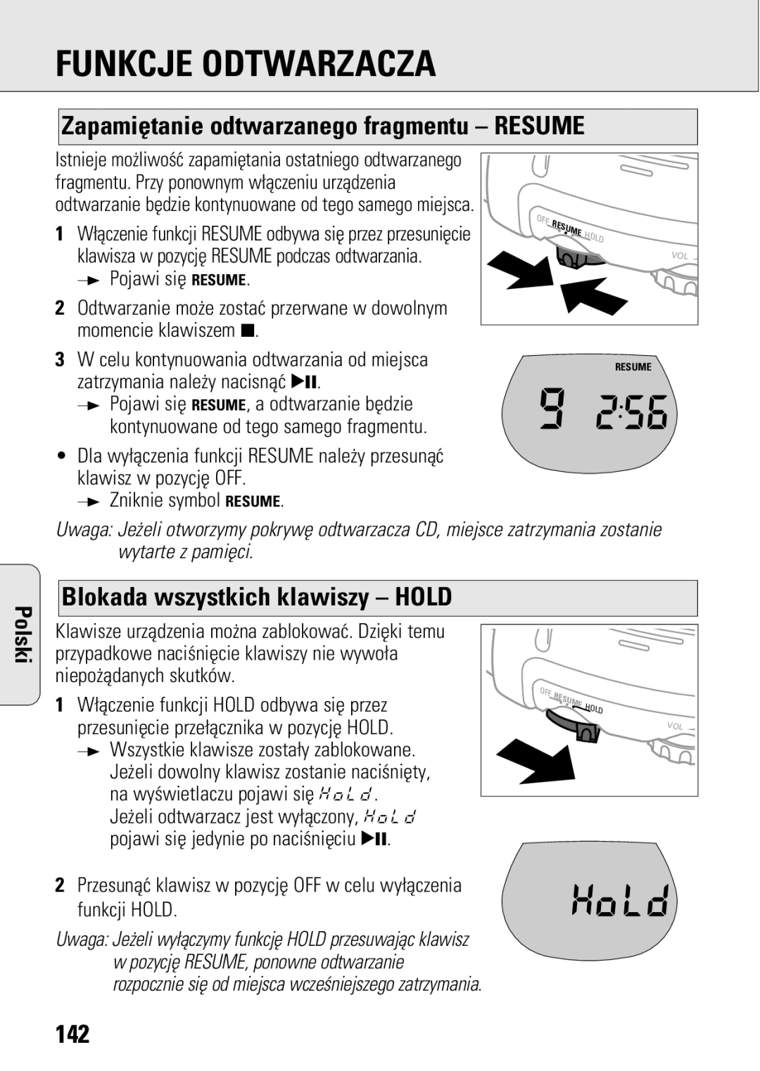 Philips ACT 7583 manual Zapamiêtanie odtwarzanego fragmentu Resume, Blokada wszystkich klawiszy Hold, 142 