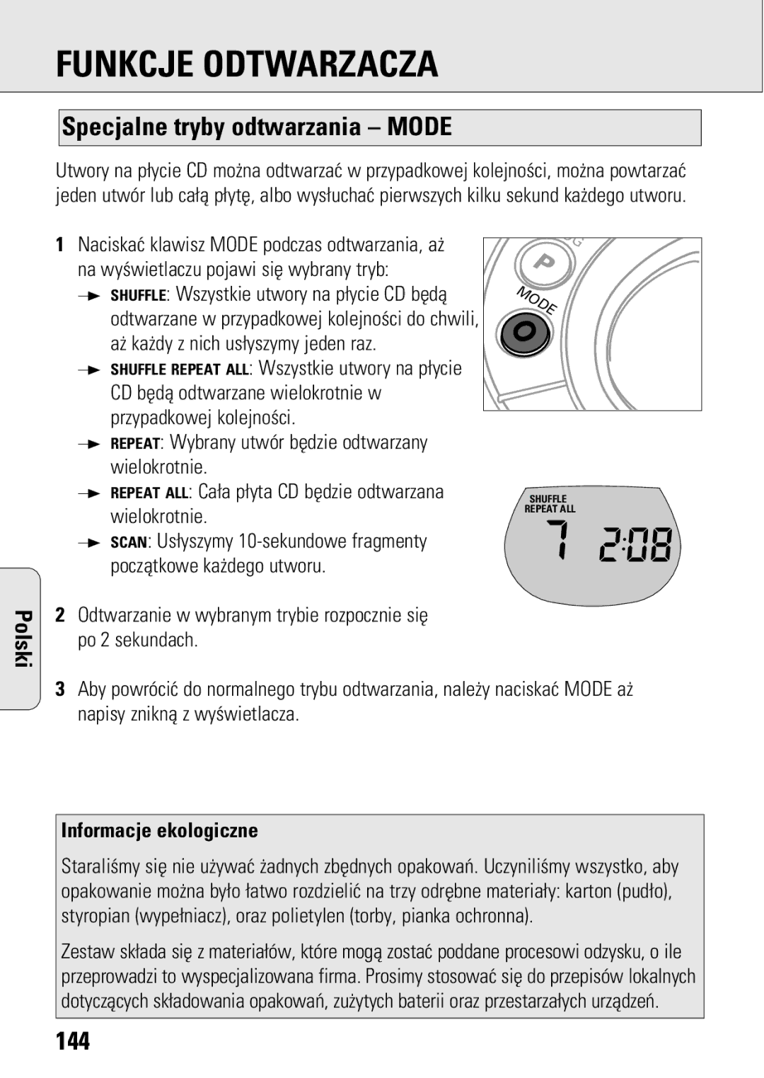 Philips ACT 7583 manual Specjalne tryby odtwarzania Mode, 144, Odtwarzanie w wybranym trybie rozpocznie siê po 2 sekundach 