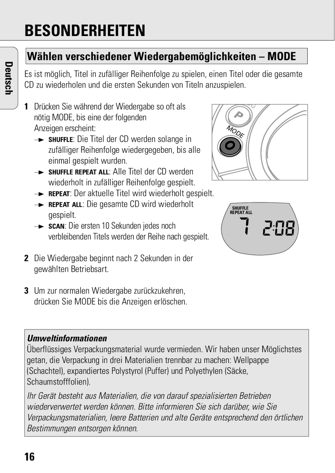 Philips ACT 7583 manual Repeat ALL Die gesamte CD wird wiederholt gespielt, Umweltinformationen 