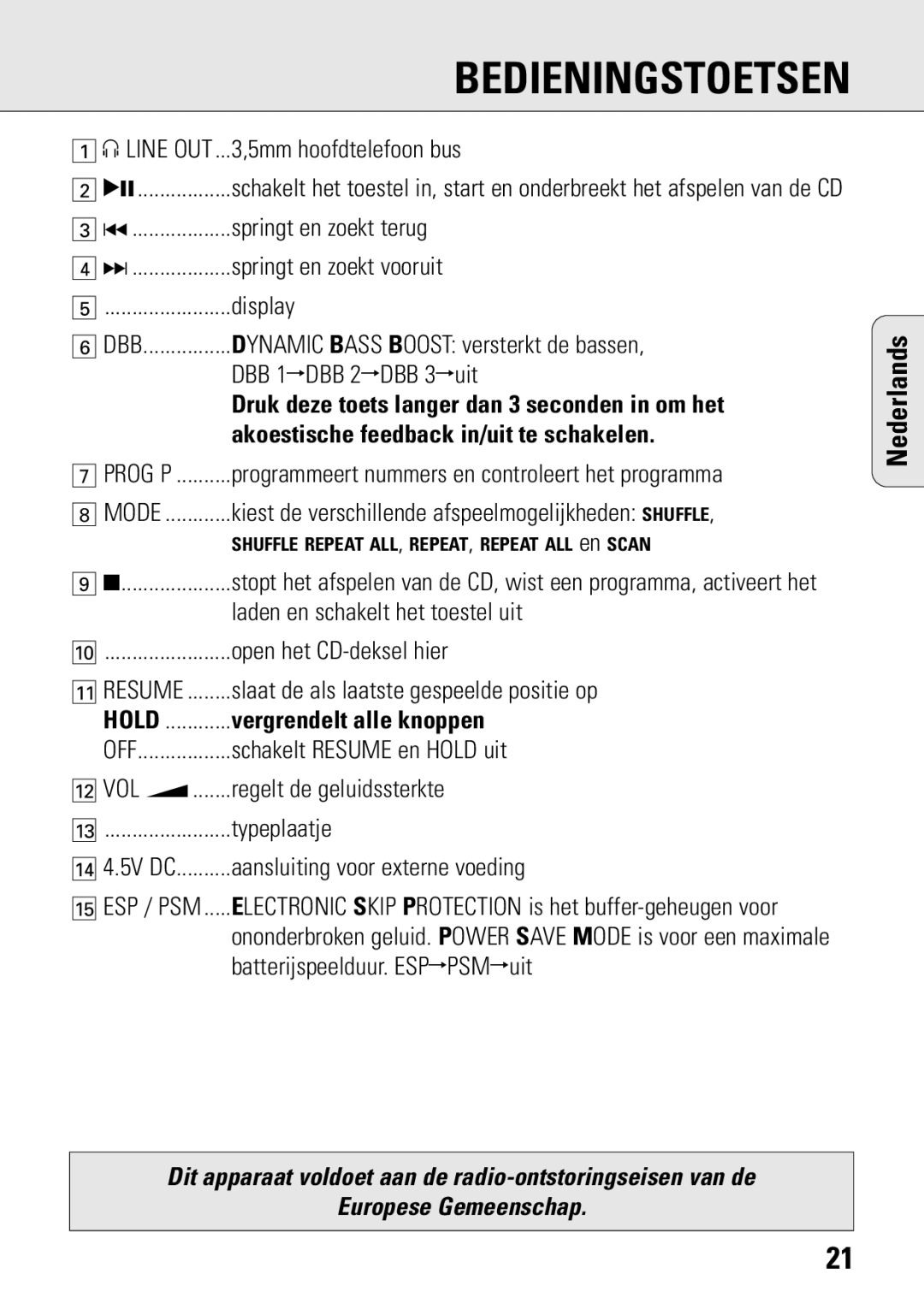 Philips ACT 7583 manual Bedieningstoetsen, Vergrendelt alle knoppen 