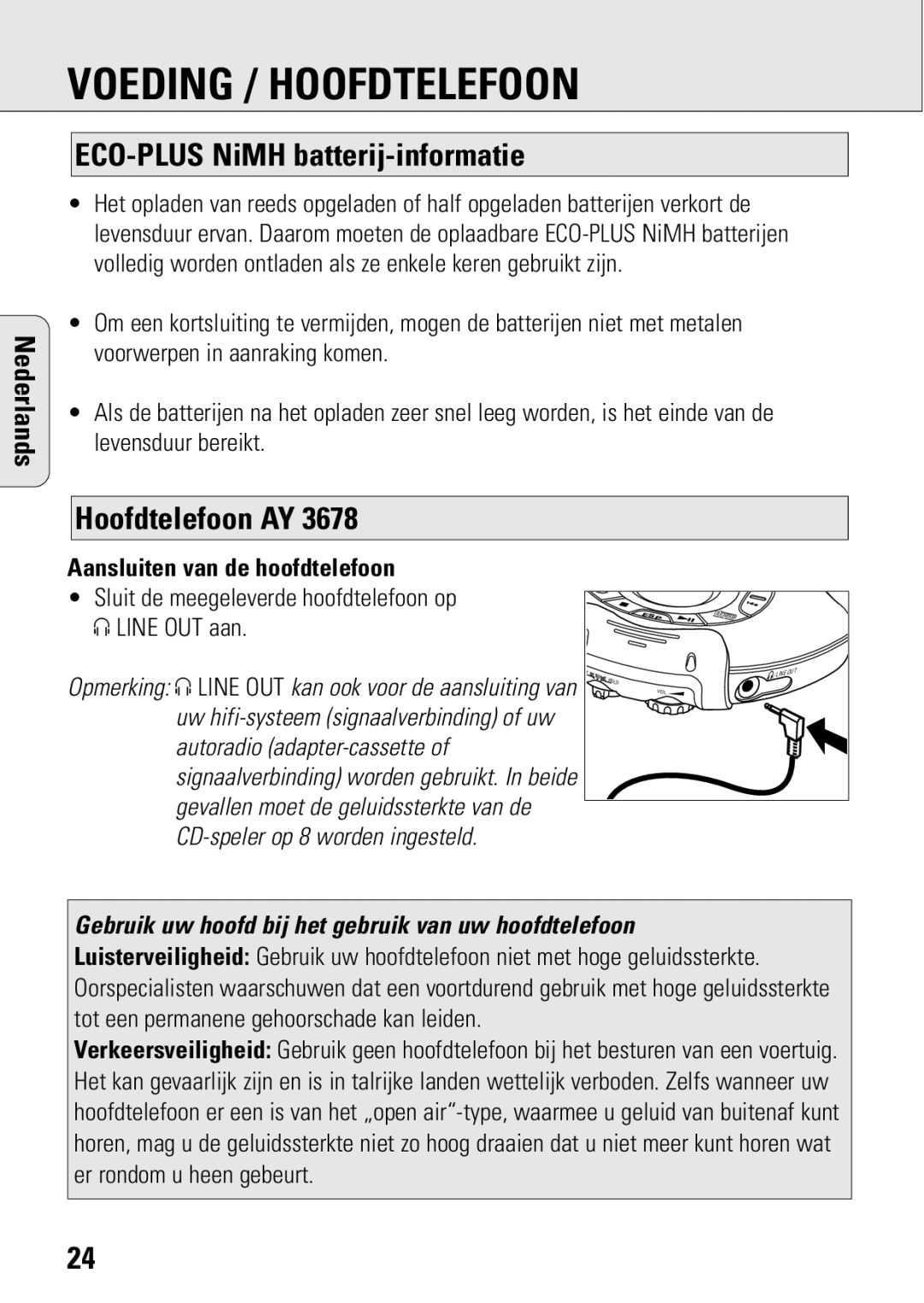 Philips ACT 7583 manual Voeding / Hoofdtelefoon, ECO-PLUS NiMH batterij-informatie, Hoofdtelefoon AY 