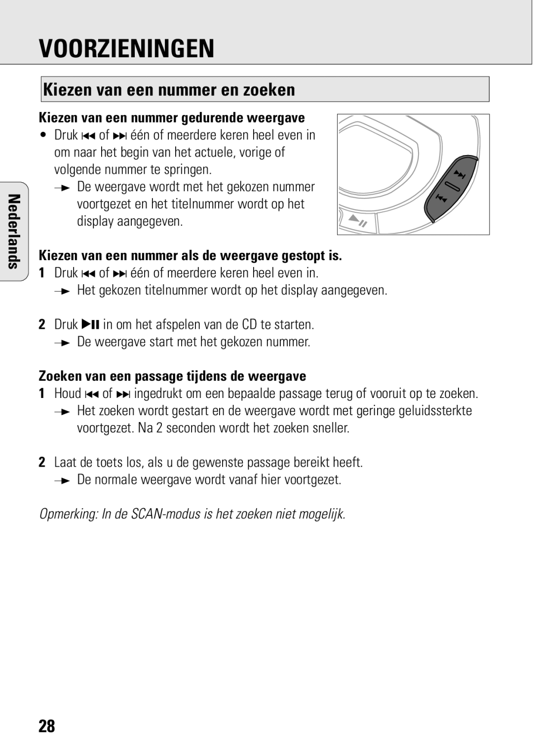 Philips ACT 7583 manual Voorzieningen, Kiezen van een nummer en zoeken, Kiezen van een nummer gedurende weergave 