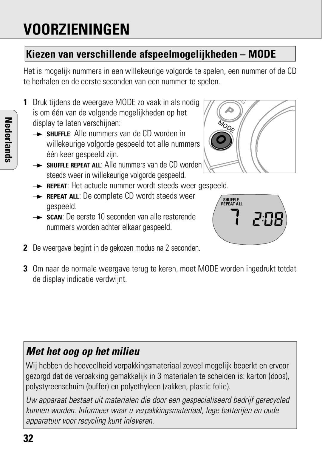 Philips ACT 7583 manual Kiezen van verschillende afspeelmogelijkheden Mode, Één keer gespeeld zijn, Gespeeld 