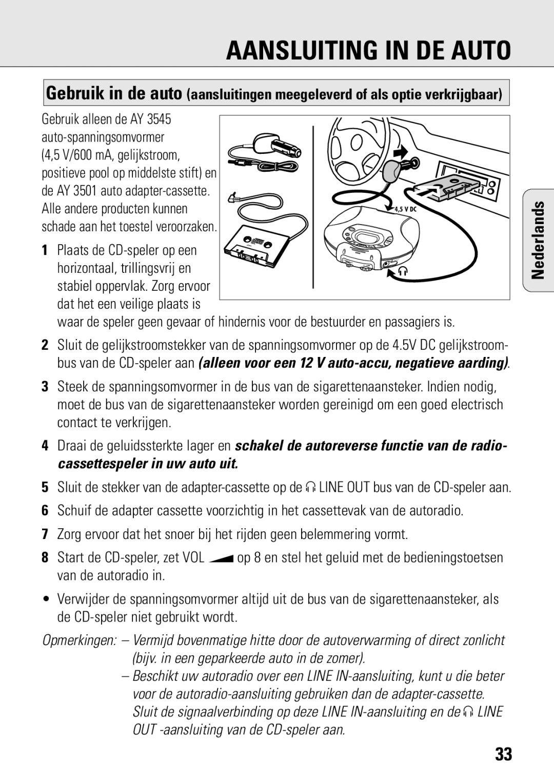 Philips ACT 7583 manual Aansluiting in DE Auto 