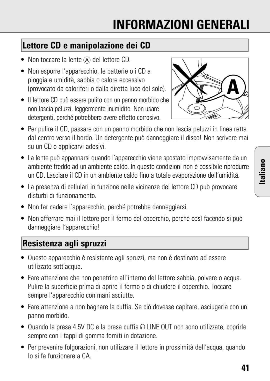 Philips ACT 7583 manual Informazioni Generali, Lettore CD e manipolazione dei CD, Resistenza agli spruzzi 