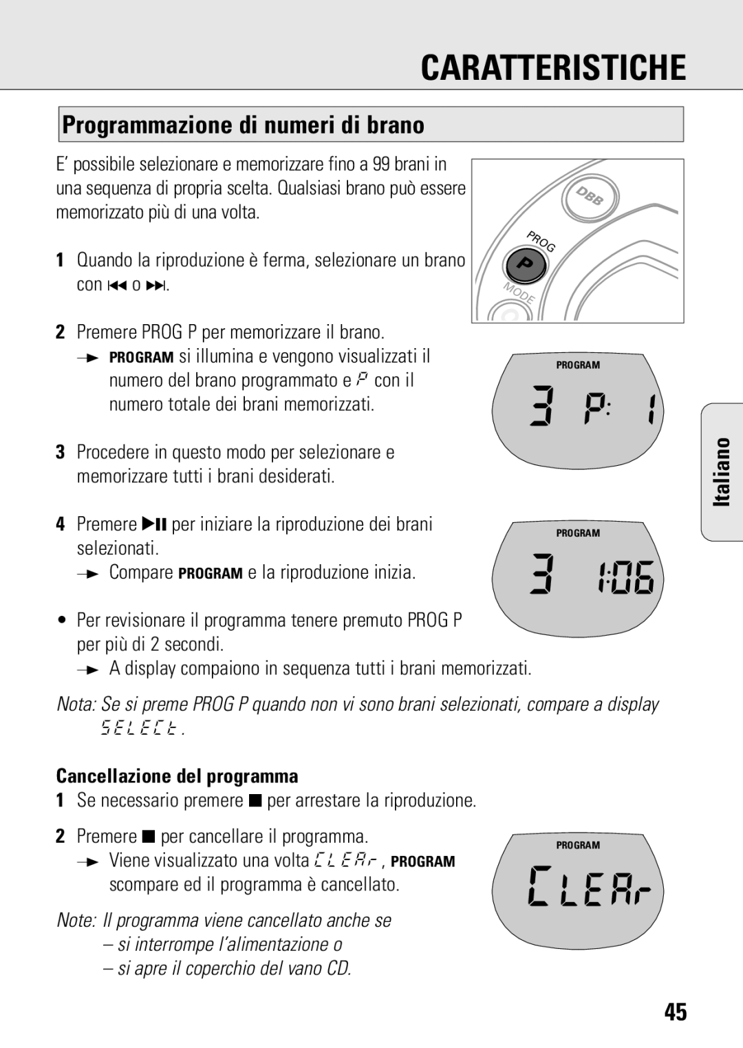 Philips ACT 7583 manual Caratteristiche, Programmazione di numeri di brano, Memorizzato più di una volta 