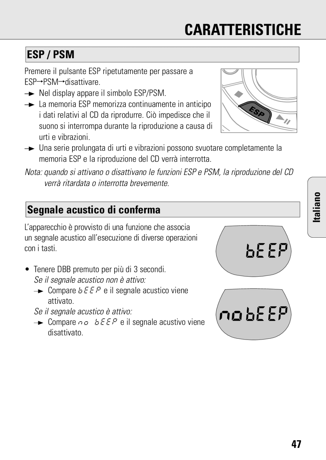 Philips ACT 7583 manual Segnale acustico di conferma, Compare bEEP e il segnale acustico viene attivato 