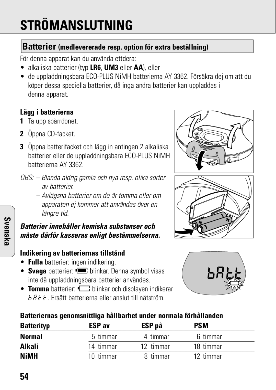 Philips ACT 7583 Strömanslutning, Batterier medlevererade resp. option för extra beställning, Svenska Lägg i batterierna 