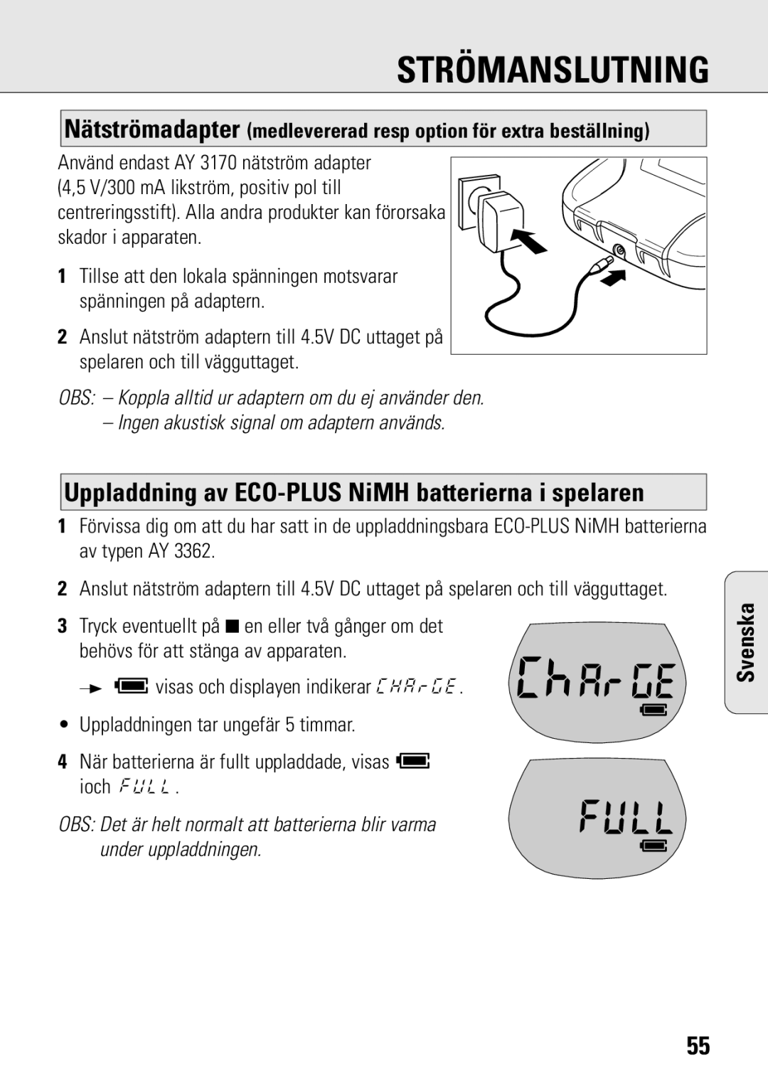 Philips ACT 7583 manual Strömanslutning, Uppladdning av ECO-PLUS NiMH batterierna i spelaren 