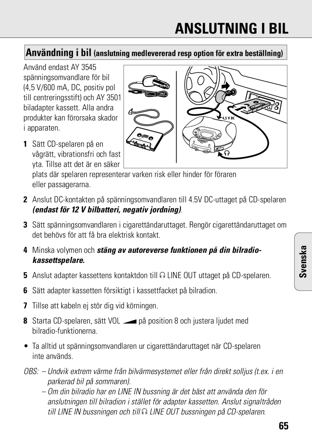 Philips ACT 7583 manual Anslutning I BIL 