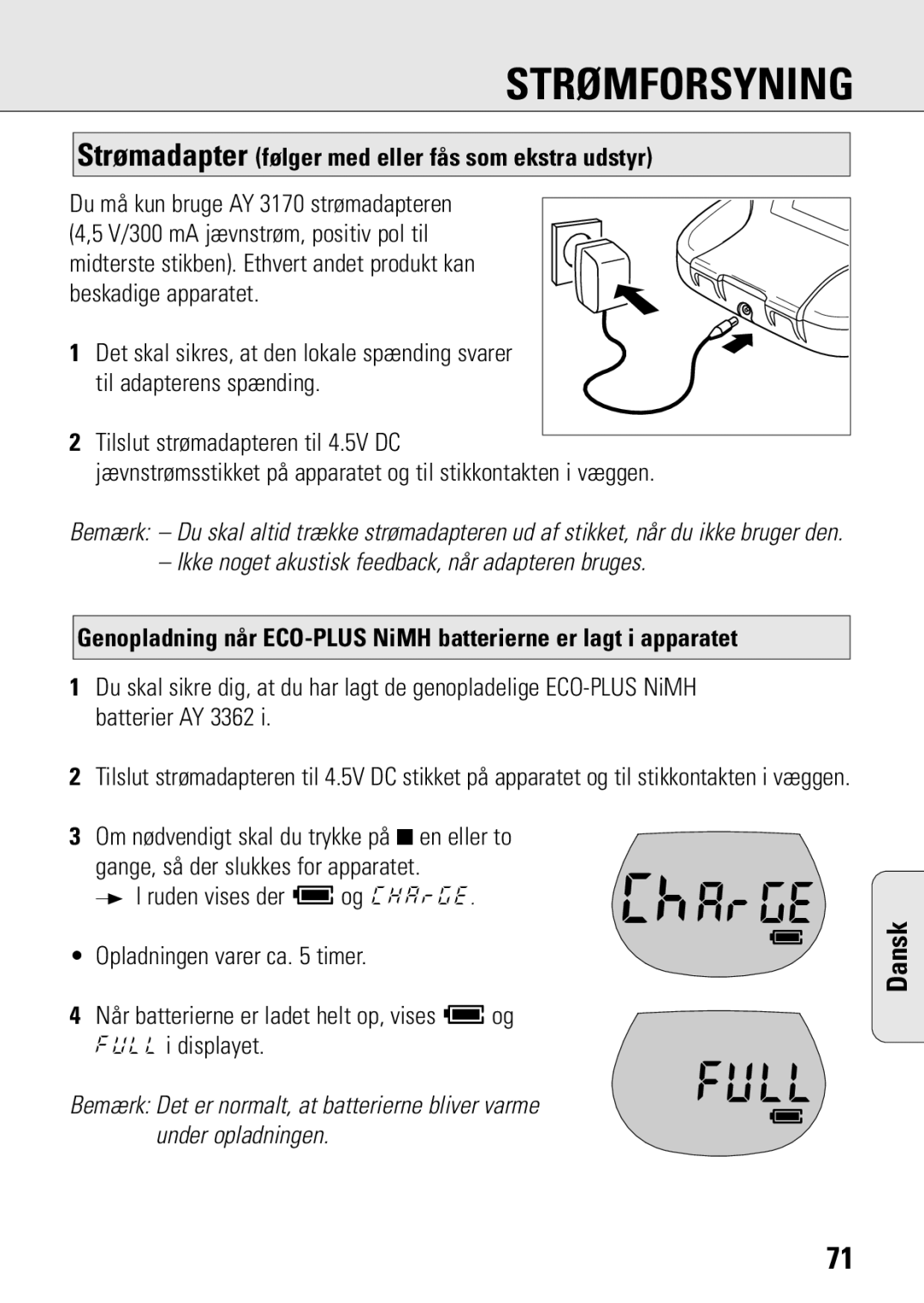 Philips ACT 7583 manual Strømforsyning, Strømadapter følger med eller fås som ekstra udstyr 