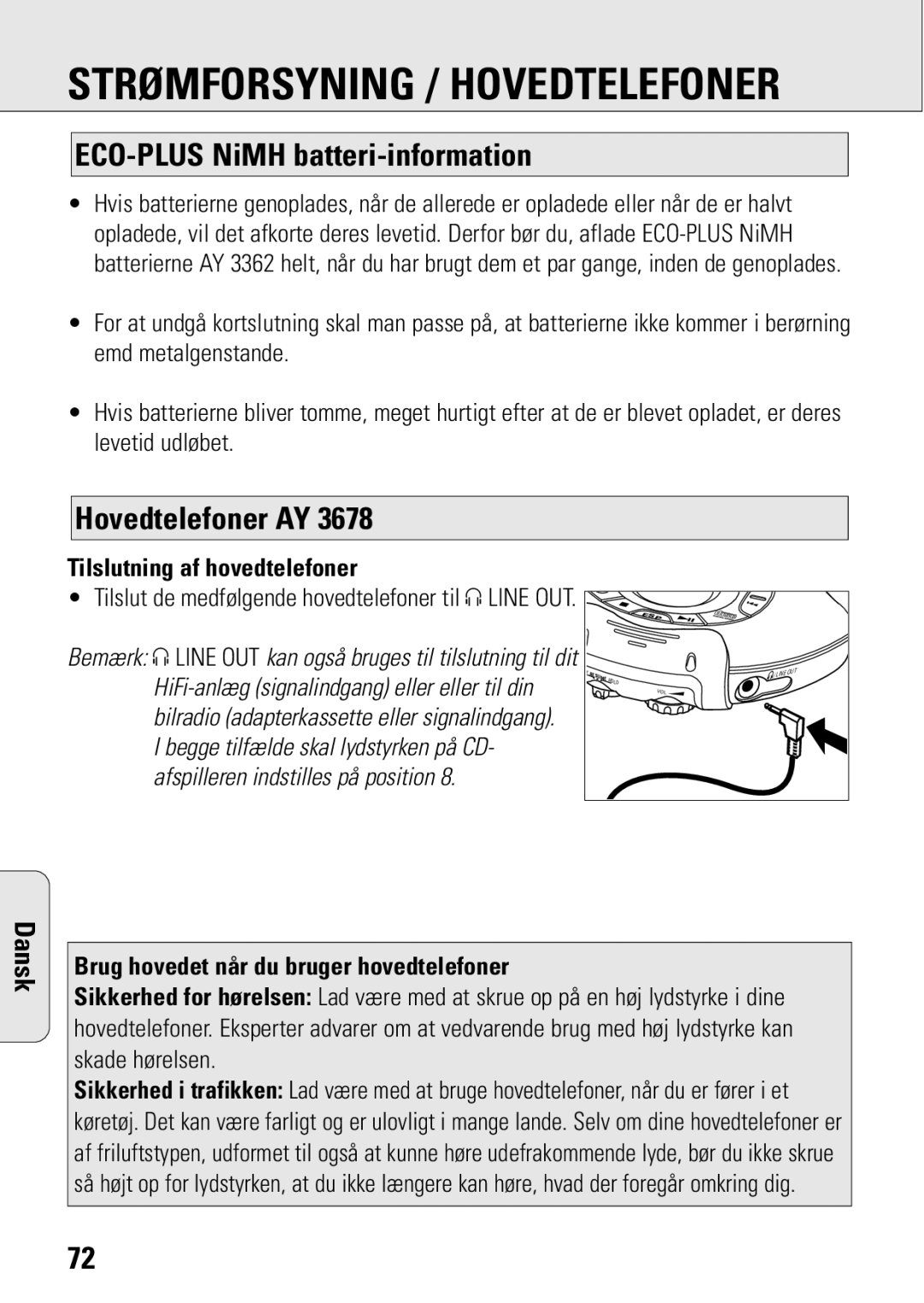 Philips ACT 7583 manual Strømforsyning / Hovedtelefoner, ECO-PLUS NiMH batteri-information, Hovedtelefoner AY 