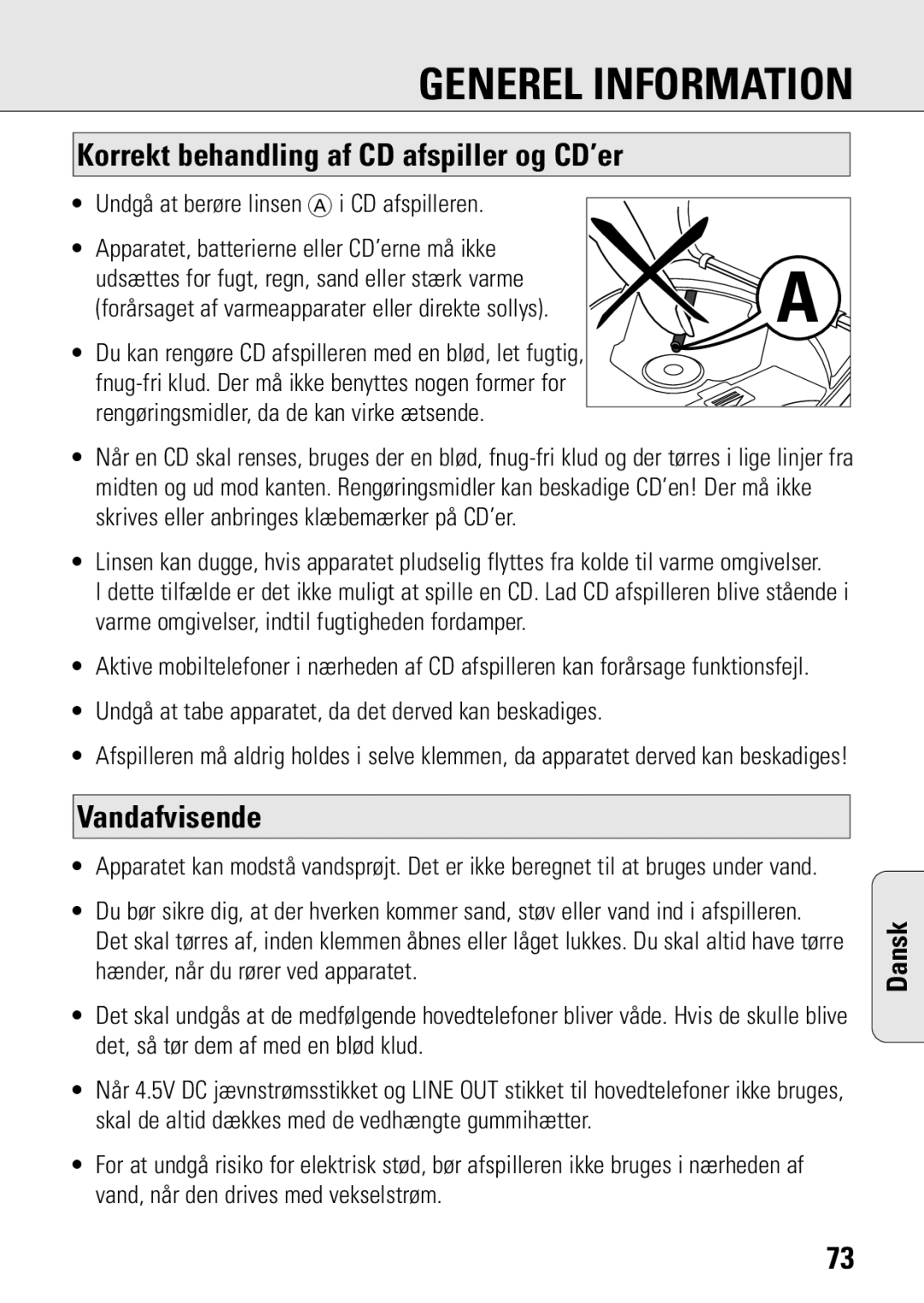 Philips ACT 7583 manual Korrekt behandling af CD afspiller og CD’er, Vandafvisende 